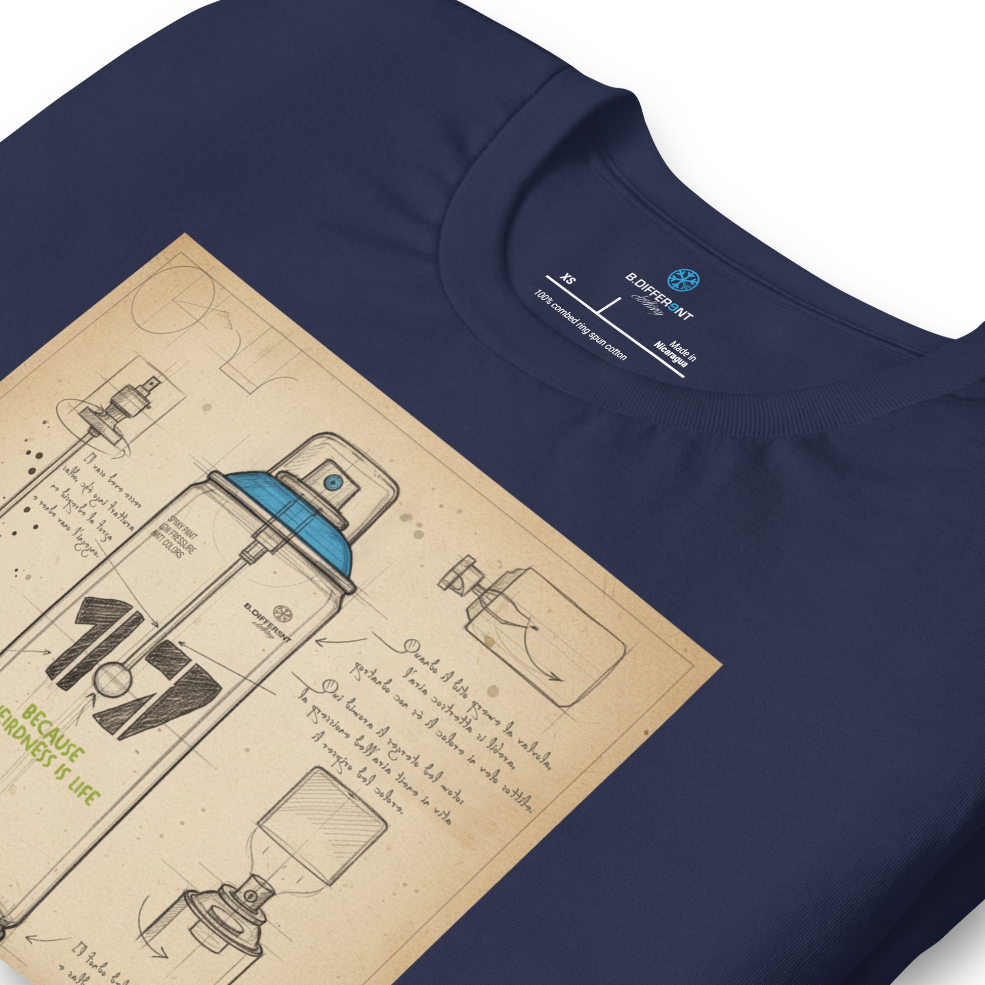Navy-Spray Can Sketch Graffiti Tee from B.Different Clothing, detail, graffiti-inspired streetwear t-shirt