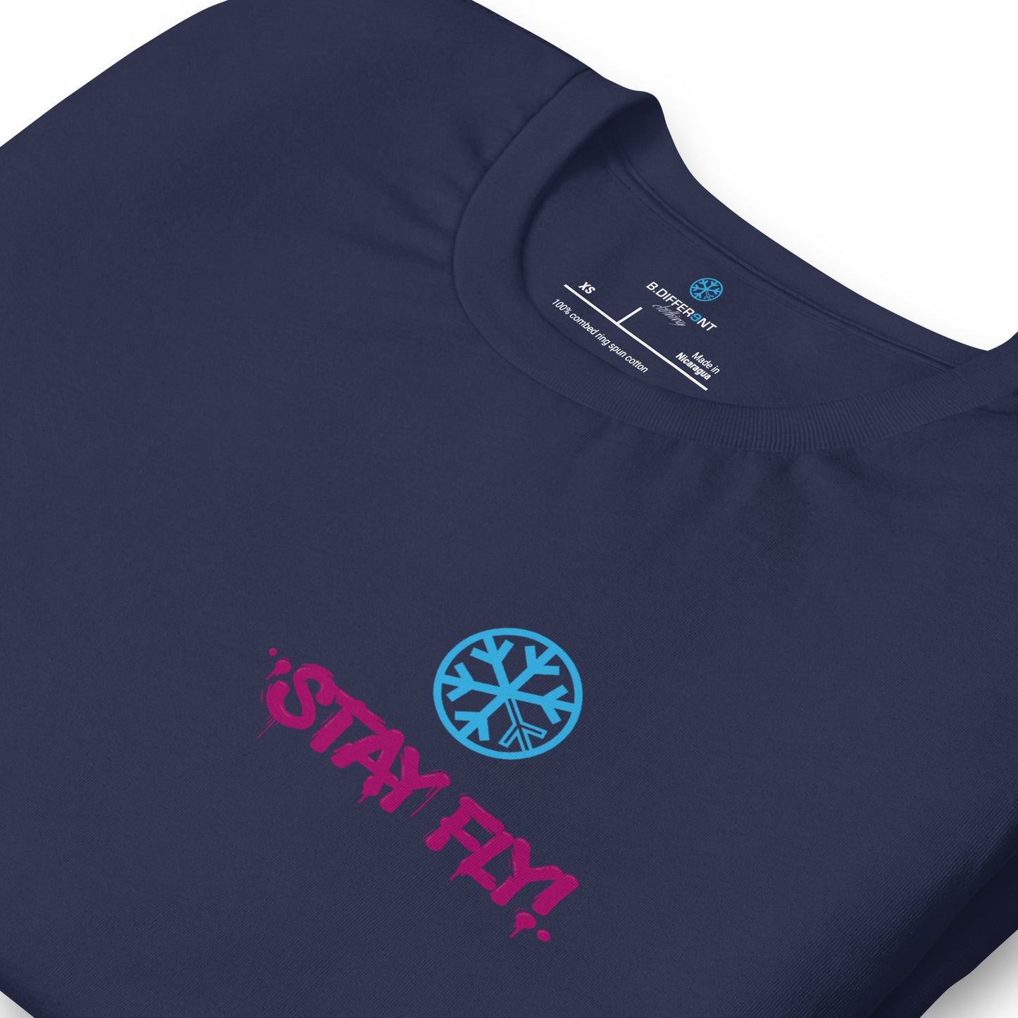 Navy-Stay Fly Graffiti Character Tee from B.Different Clothing, detail, graffiti-inspired streetwear t-shirt