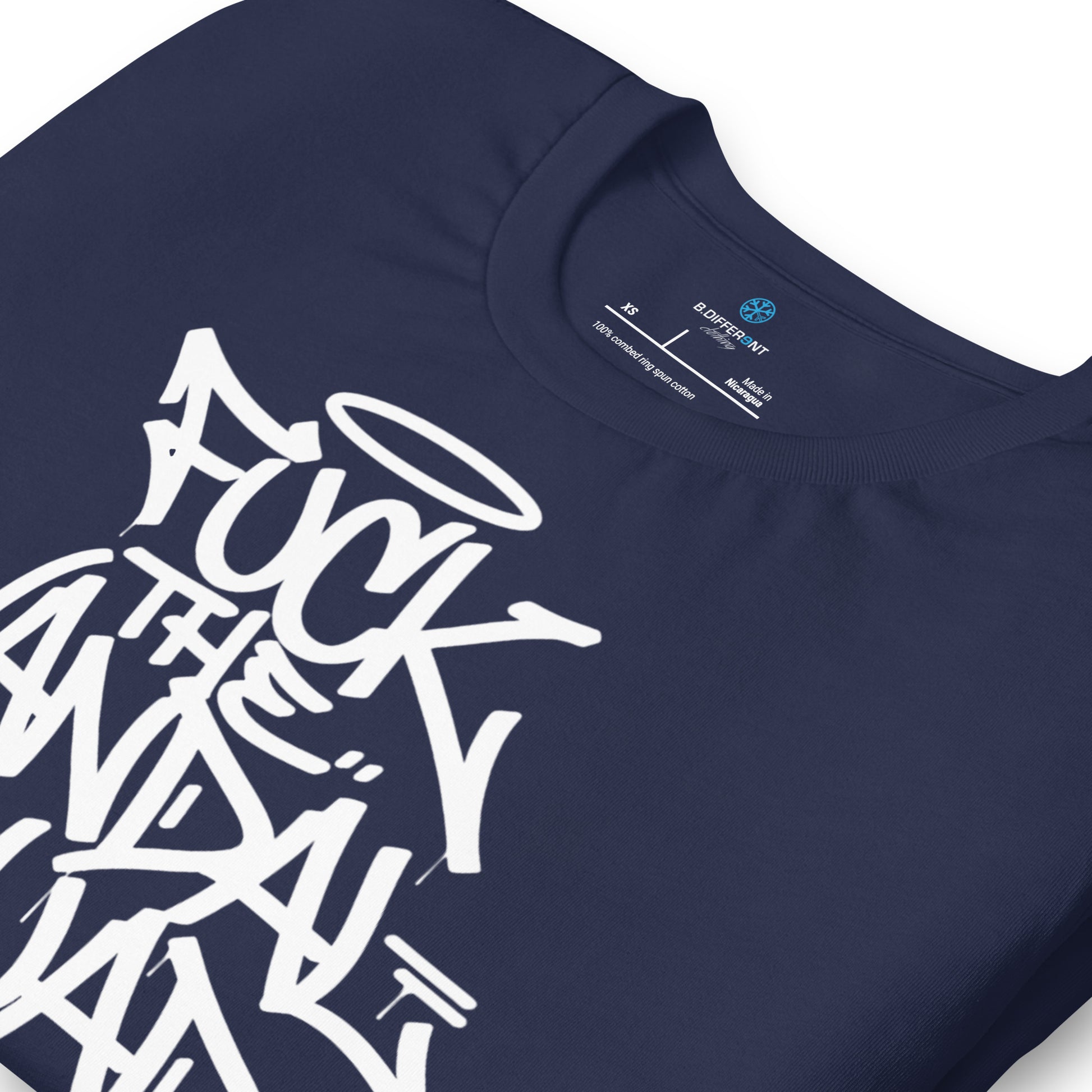 Navy-Fuck The Vandal Squad Graffiti Tee from B.Different Clothing, detail, graffiti-inspired streetwear t-shirt