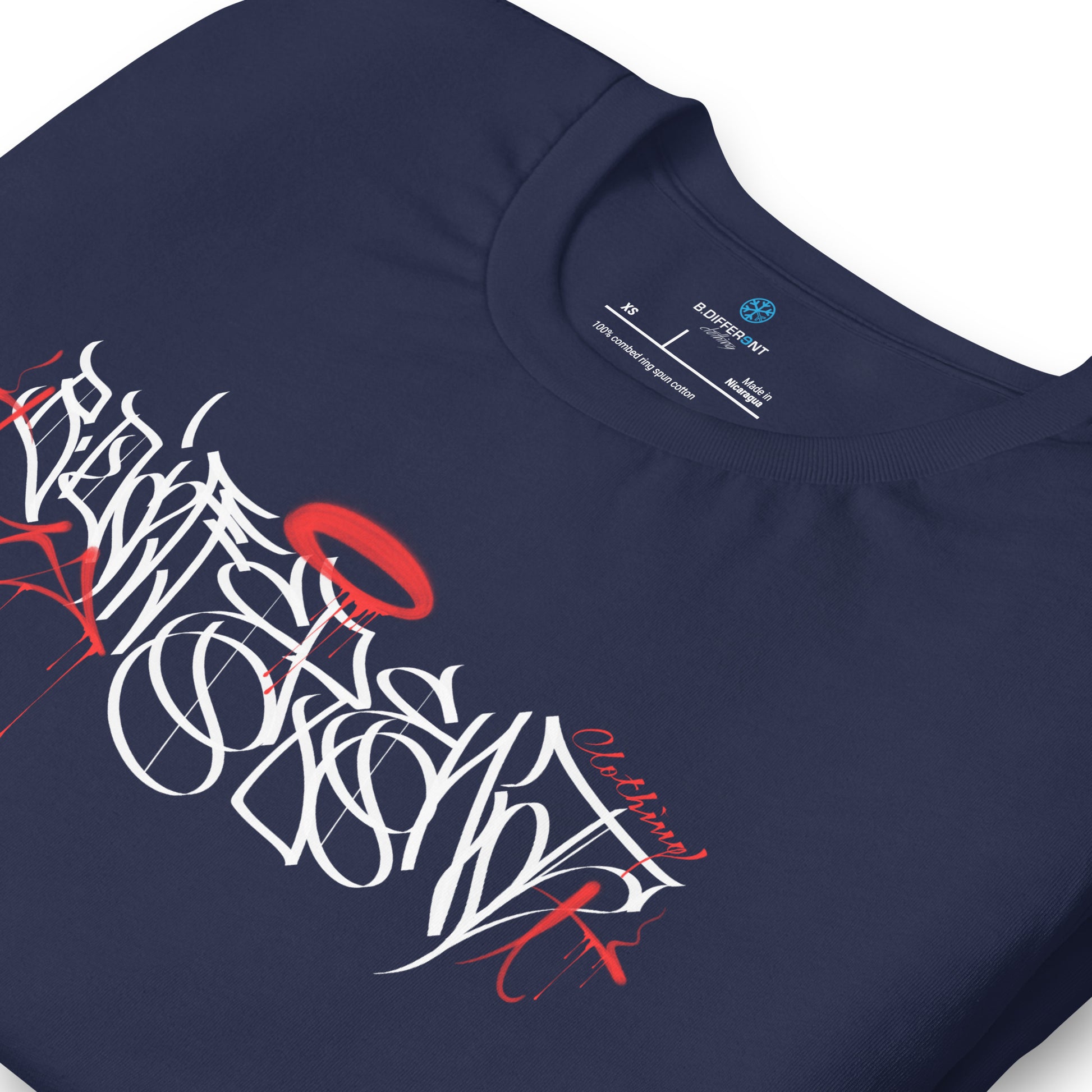 Navy-Caos One Collab Graffiti Tee from B.Different Clothing, detail, graffiti-inspired streetwear t-shirt