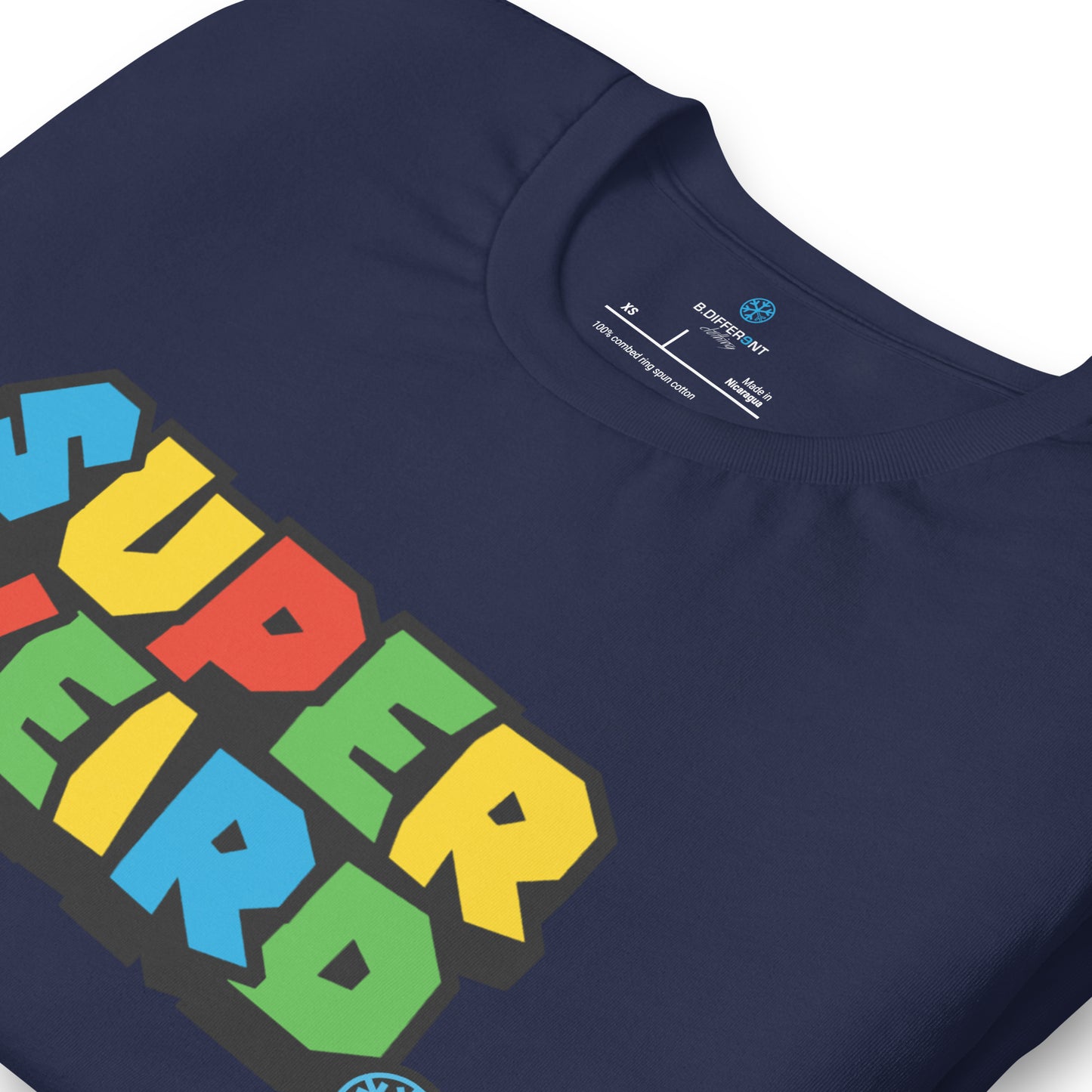 Navy-Super Weird Tee from B.Different Clothing, detail, graffiti-inspired streetwear t-shirt