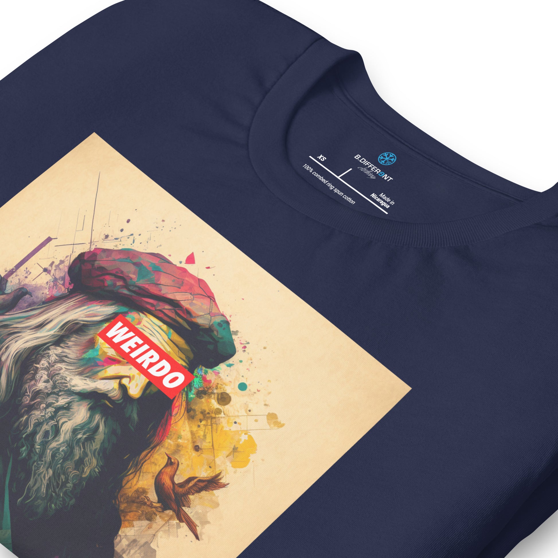 Navy-Leonardo da Vinci Tee from B.Different Clothing, detail, graffiti-inspired streetwear t-shirt