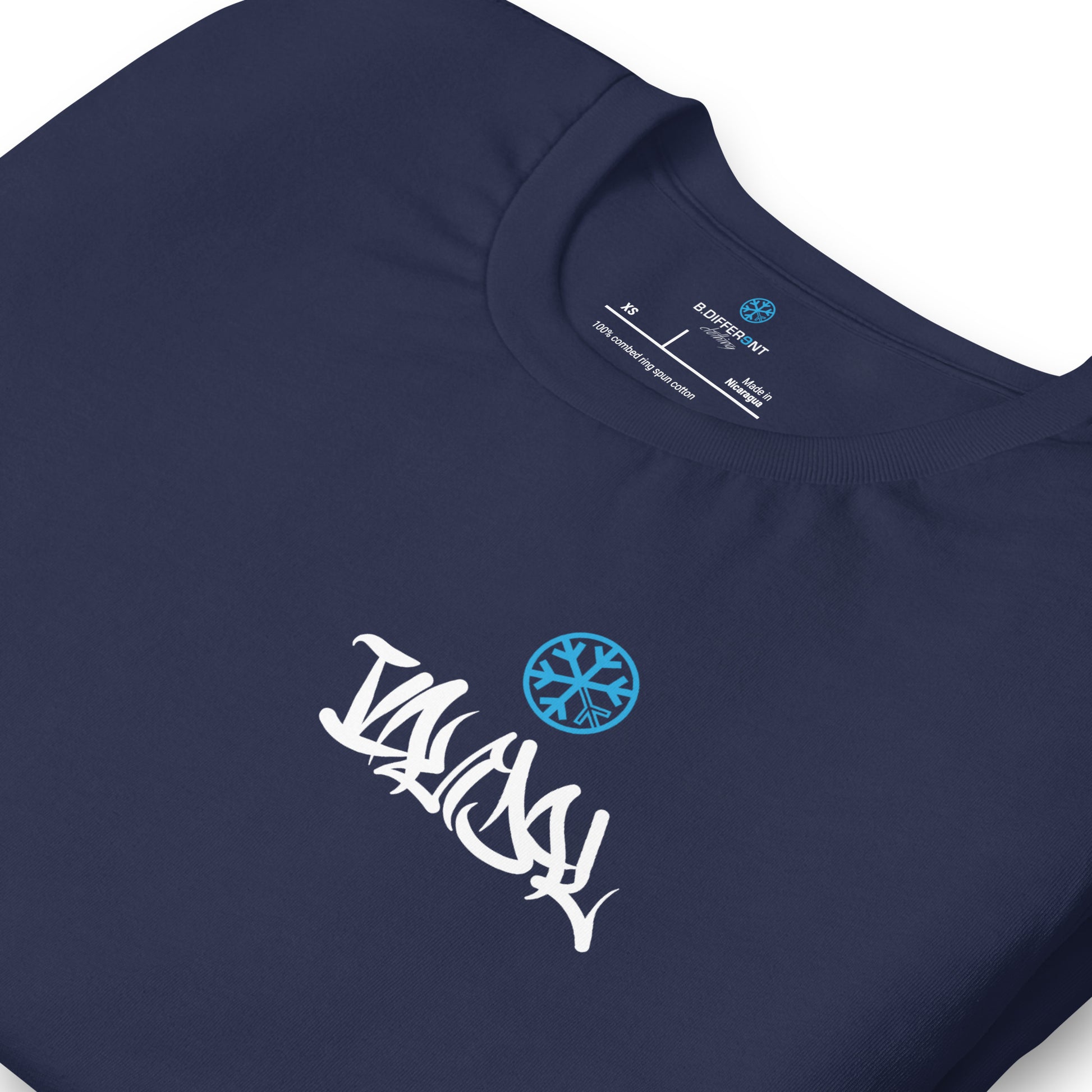 Navy-Vandal Graffiti Writer Tee from B.Different Clothing, detail, graffiti-inspired streetwear t-shirt