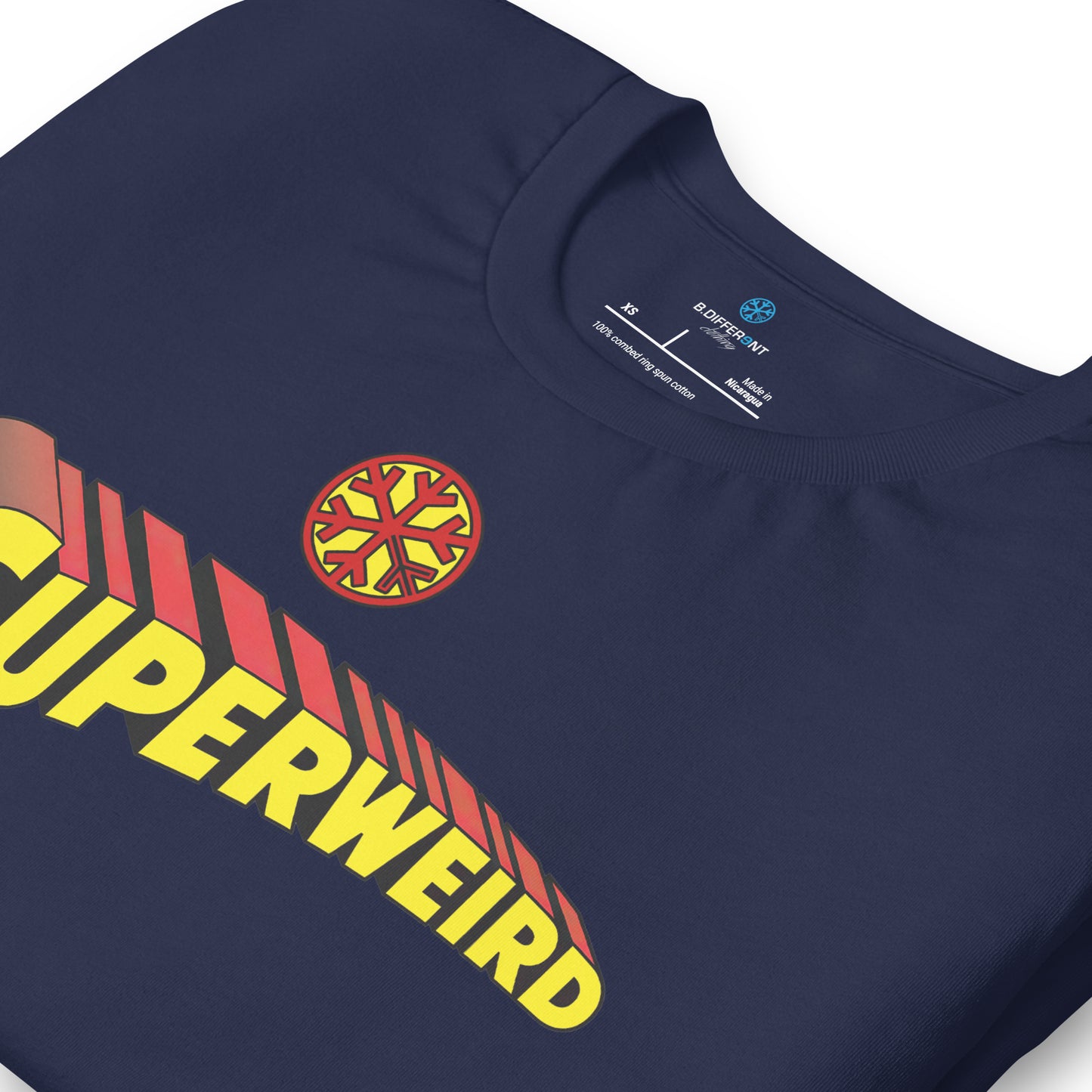 Navy-Superweird Tee from B.Different Clothing, detail, graffiti-inspired streetwear t-shirt