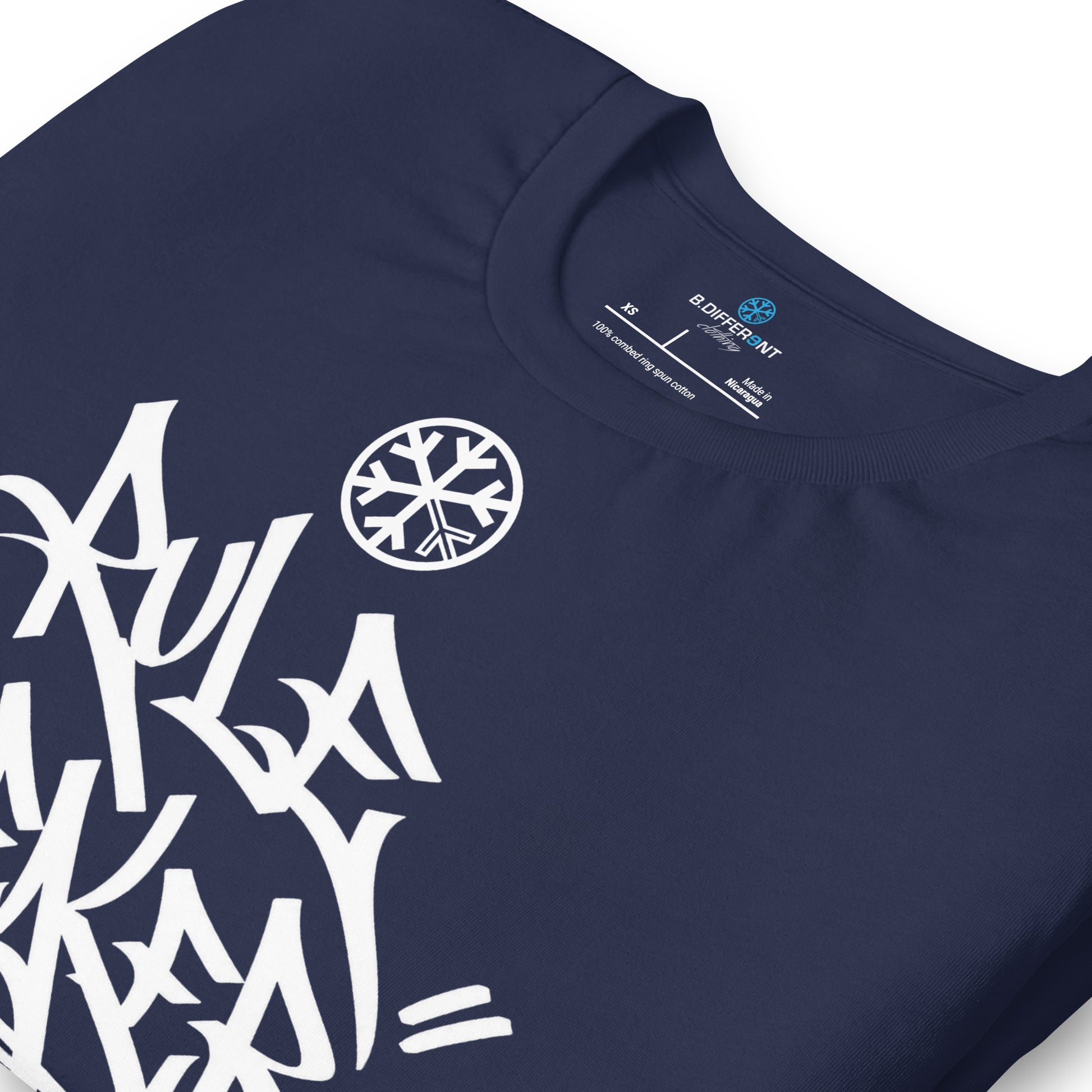 Navy-Rule Breaker Graffiti Tag Tee from B.Different Clothing, detail, graffiti-inspired streetwear