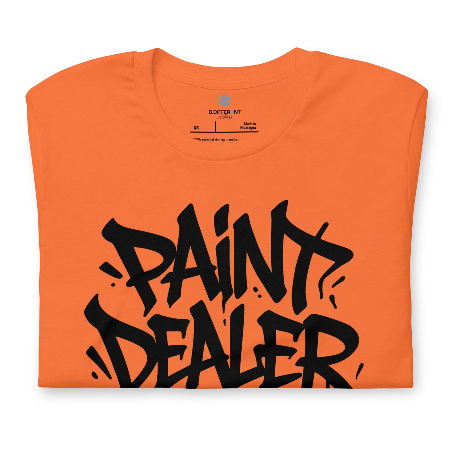 Orange-Paint Dealer Graffiti Tag Tee from B.Different Clothing, folded, graffiti-inspired streetwear t-shirt