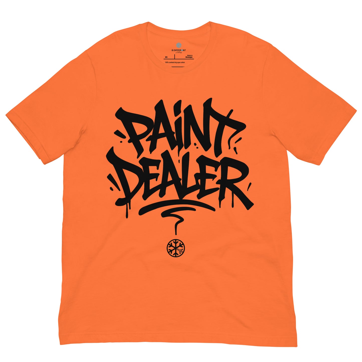 Orange-Paint Dealer Graffiti Tag Tee from B.Different Clothing, front view, graffiti-inspired streetwear t-shirt