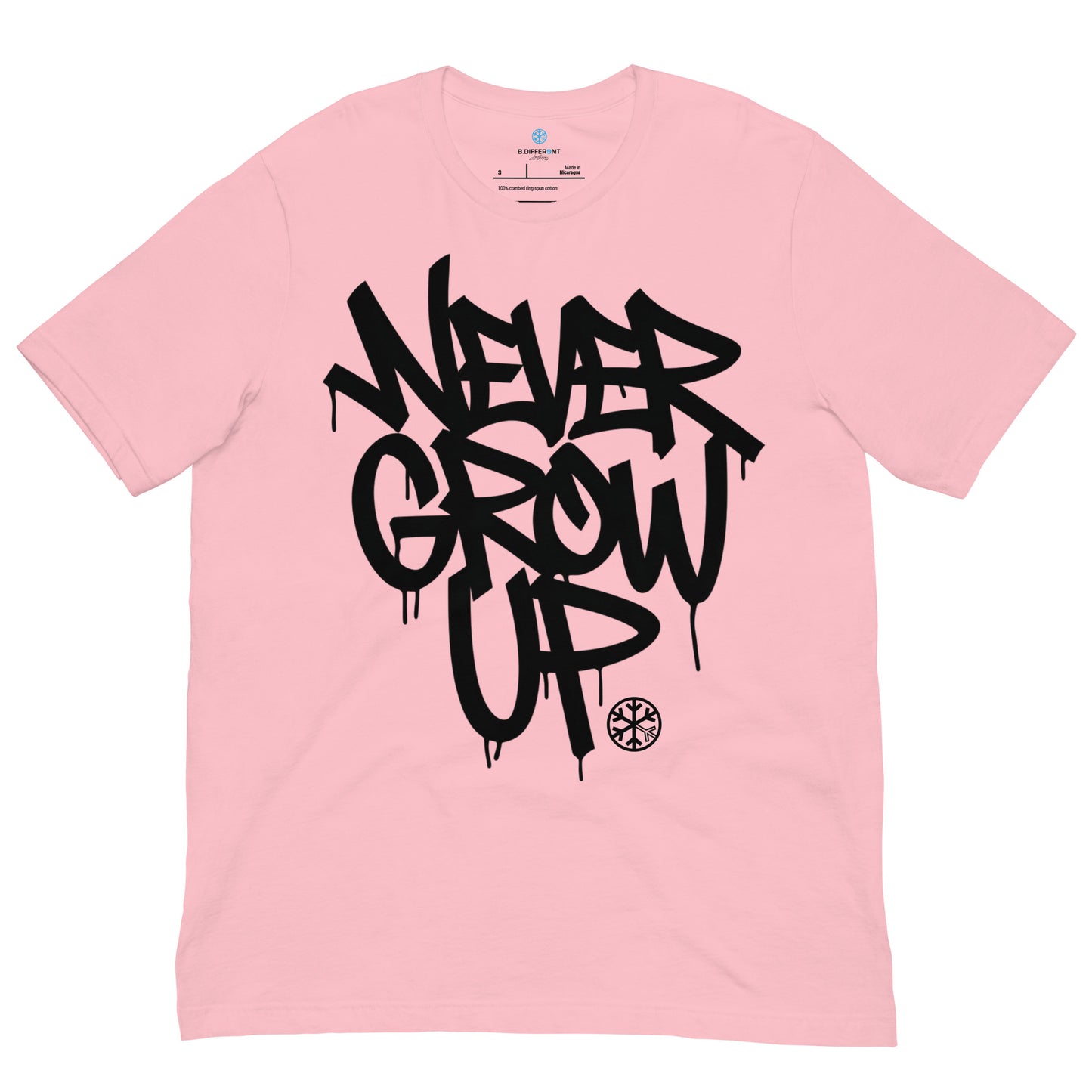 Pink-Never Grow Up Graffiti Tee from B.Different Clothing, front view, graffiti-inspired streetwear t-shirt