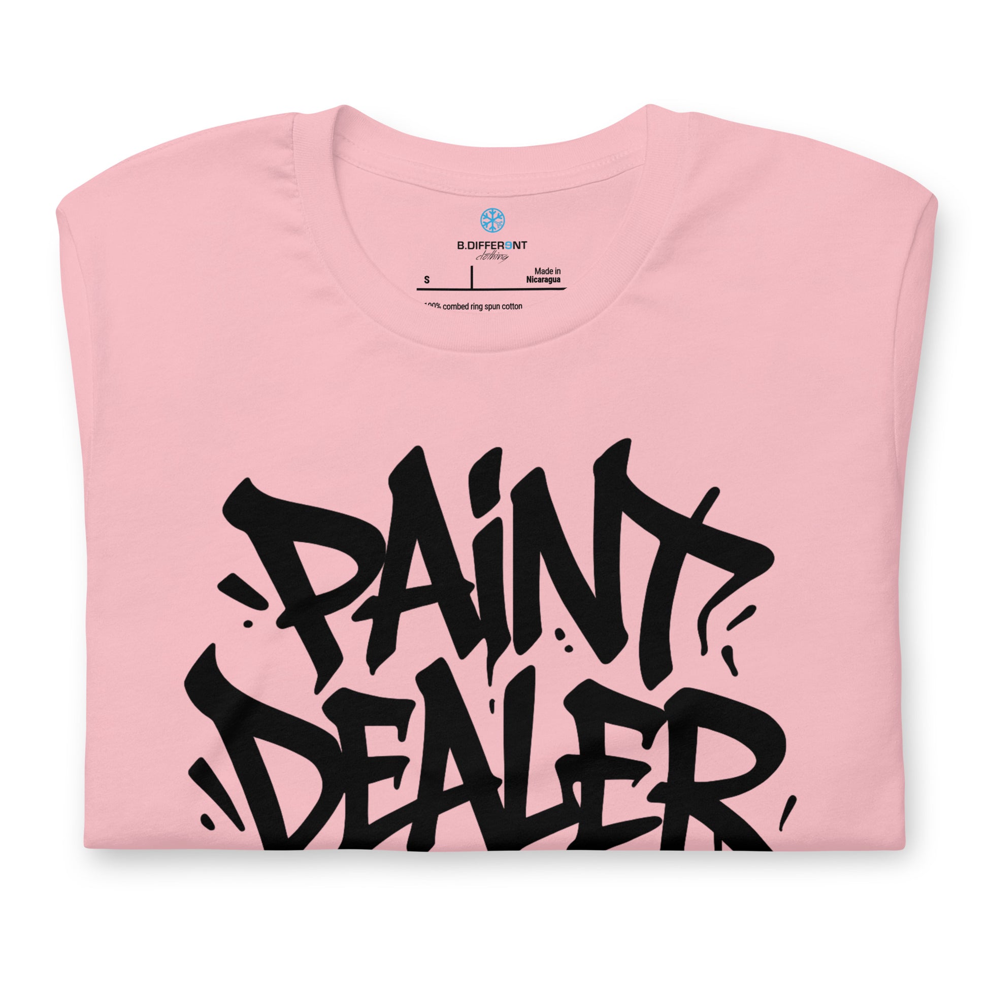 Pink-Paint Dealer Graffiti Tag Tee from B.Different Clothing, folded, graffiti-inspired streetwear t-shirt