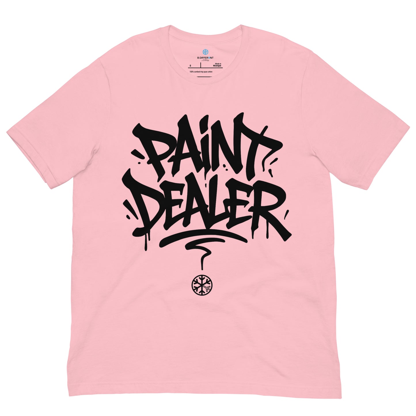 Pink-Paint Dealer Graffiti Tag Tee from B.Different Clothing, front view, graffiti-inspired streetwear t-shirt