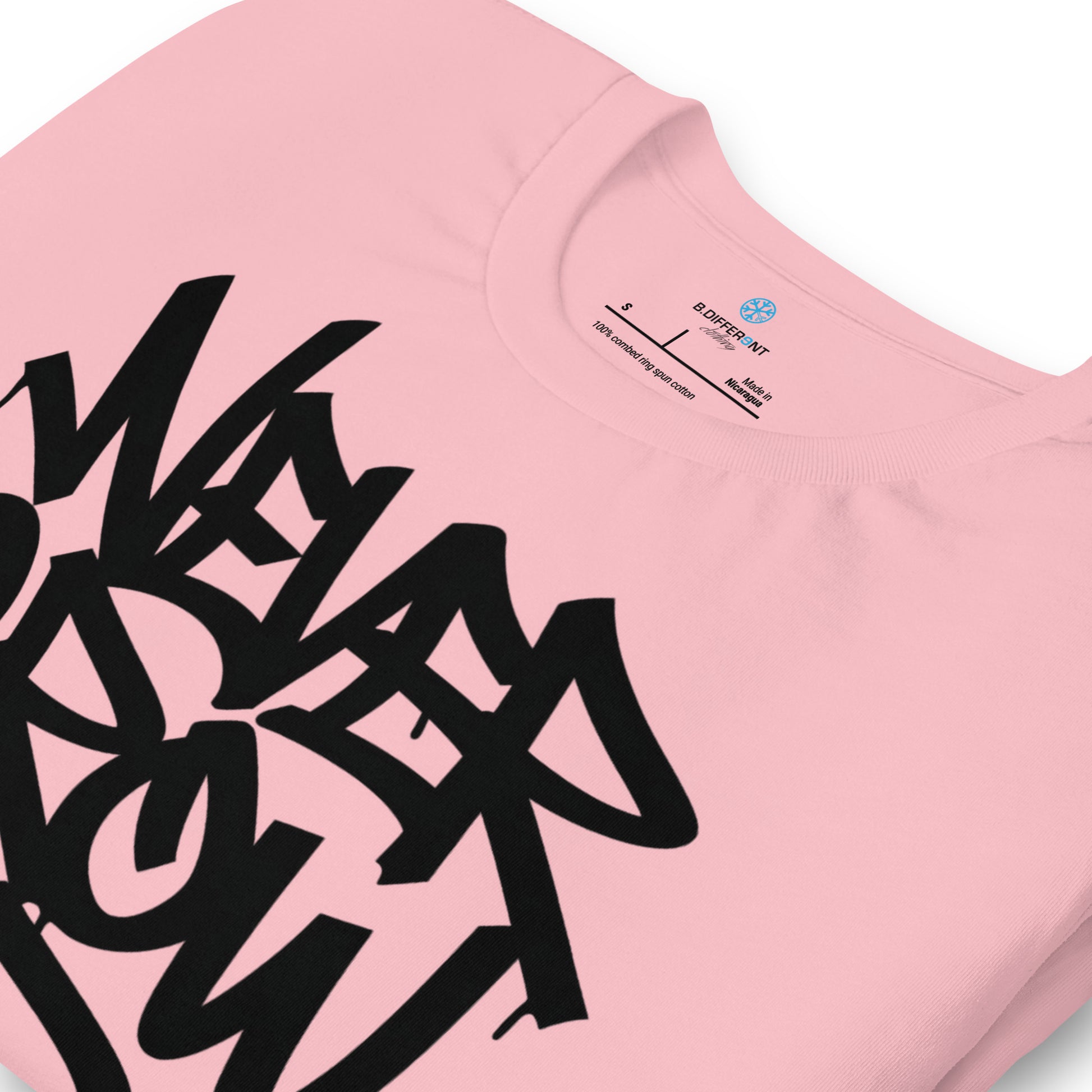 Pink-Never Grow Up Graffiti Tee from B.Different Clothing, detail, graffiti-inspired streetwear t-shirt