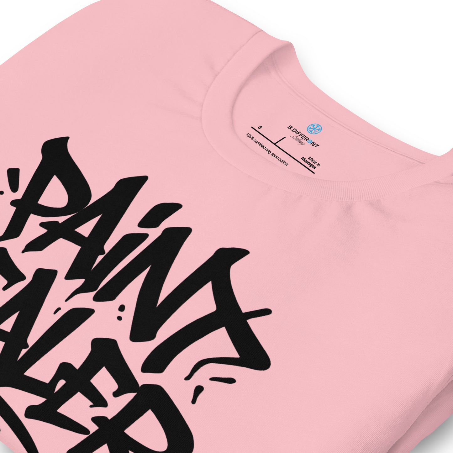Pink-Paint Dealer Graffiti Tag Tee from B.Different Clothing, detail, graffiti-inspired streetwear t-shirt