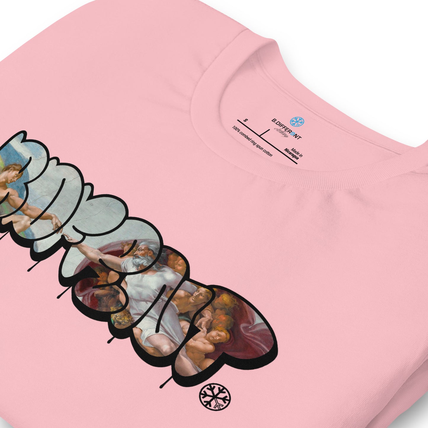 Pink-BDFRNT Throwie x Creation of Adam Graffiti Tee from B.Different Clothing, detail, graffiti-inspired streetwear t-shirt