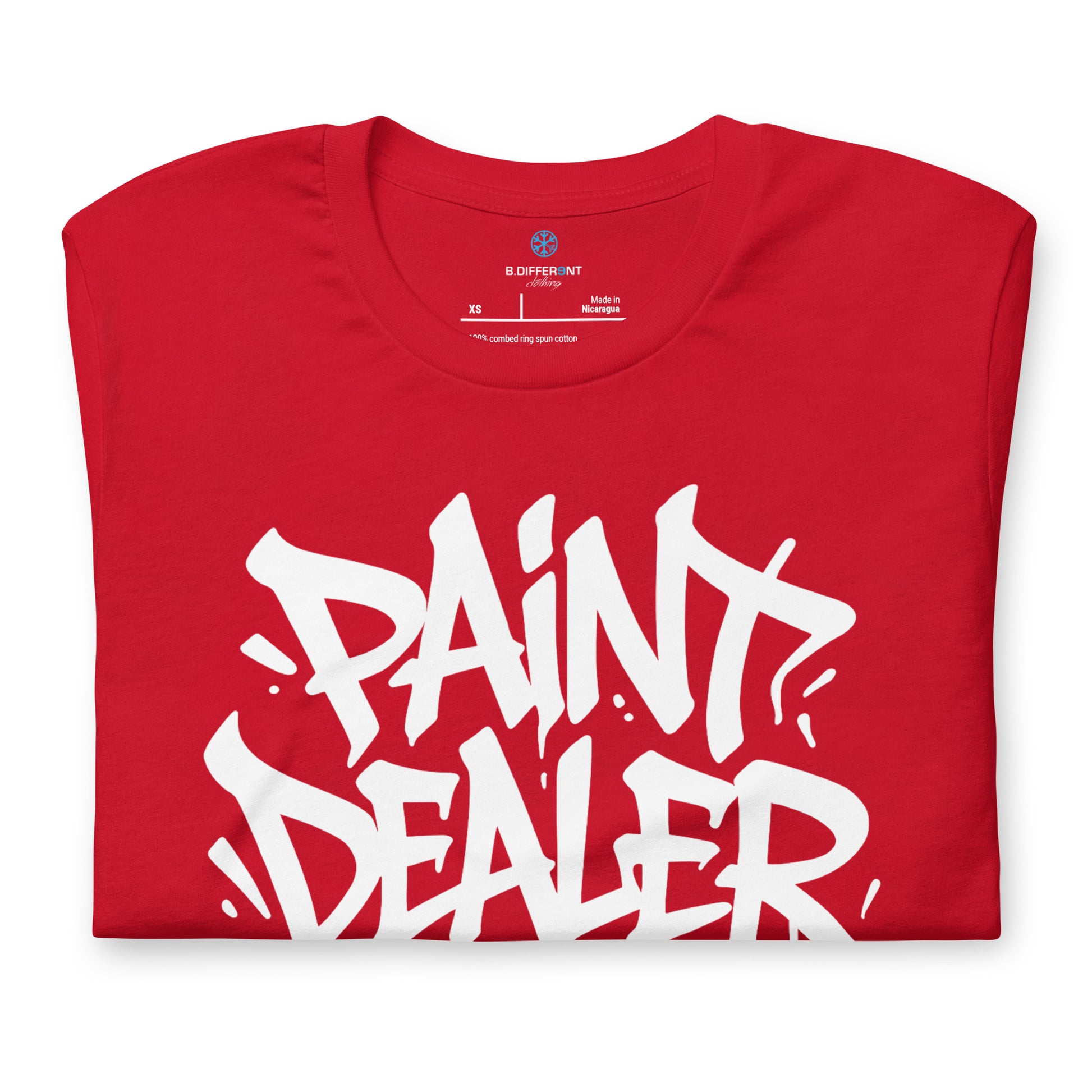 Red-Paint Dealer Graffiti Tag Tee from B.Different Clothing, folded, graffiti-inspired streetwear t-shirt