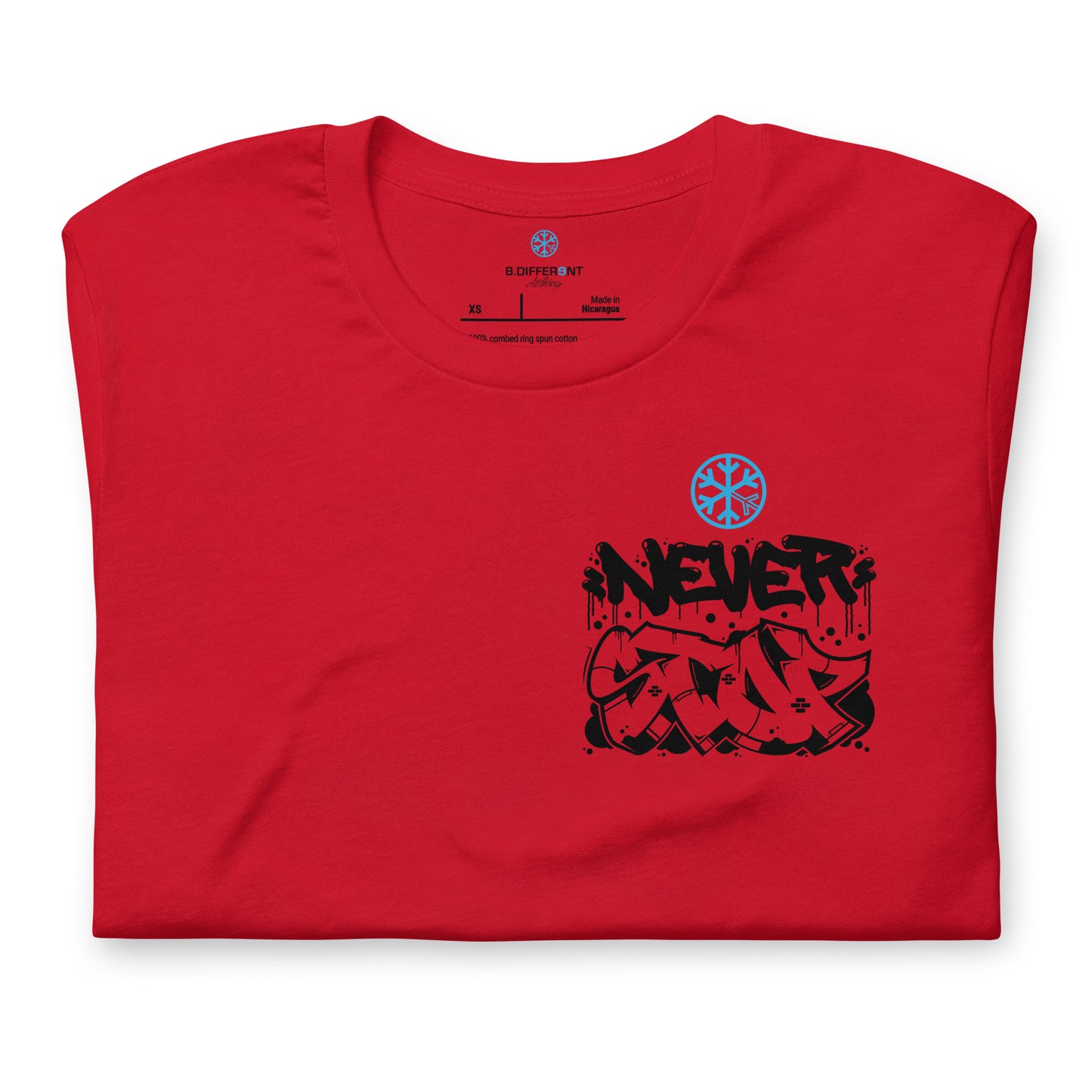 Red-Never Stop Graffiti Character Tee from B.Different Clothing, folded, graffiti-inspired streetwear t-shirt