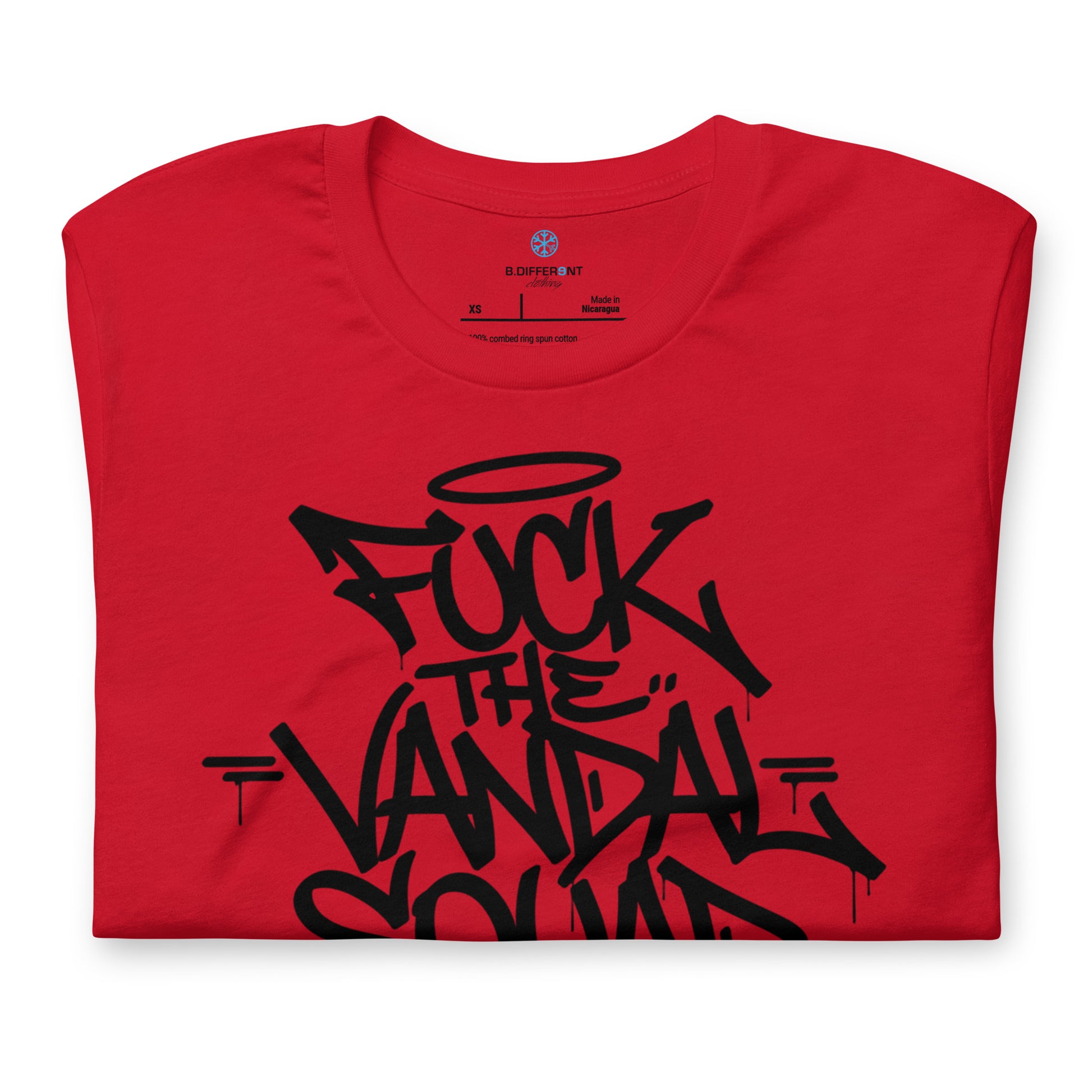 Red-Fuck The Vandal Squad Graffiti Tee from B.Different Clothing, folded, graffiti-inspired streetwear t-shirt