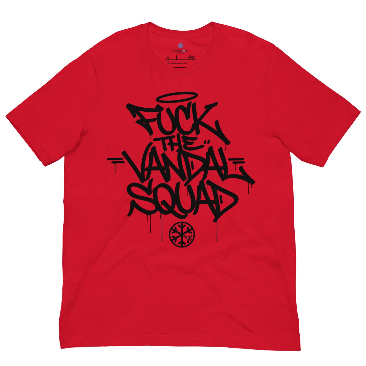 Red-Fuck The Vandal Squad Graffiti Tee from B.Different Clothing, front view, graffiti-inspired streetwear t-shirt