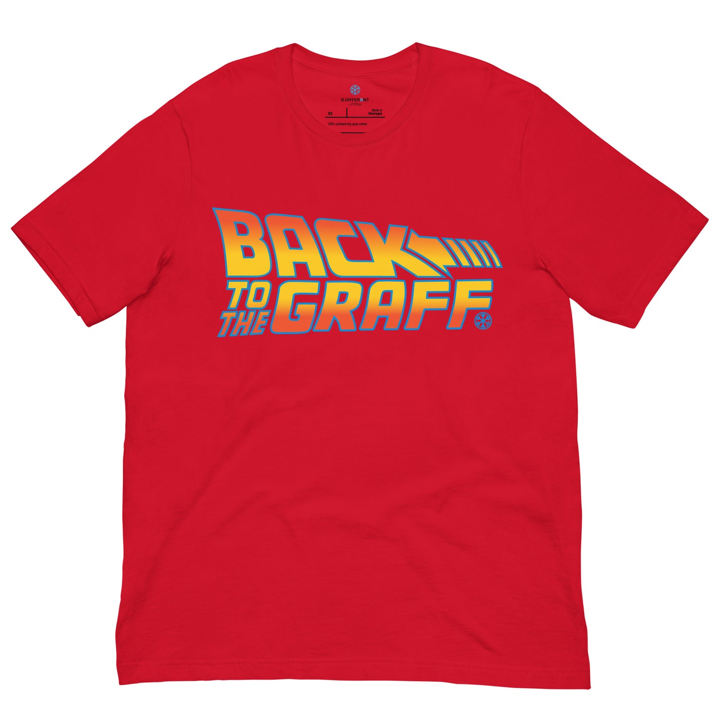 Red-Back to the Graff Tee from B.Different Clothing, front view, graffiti-inspired streetwear t-shirt