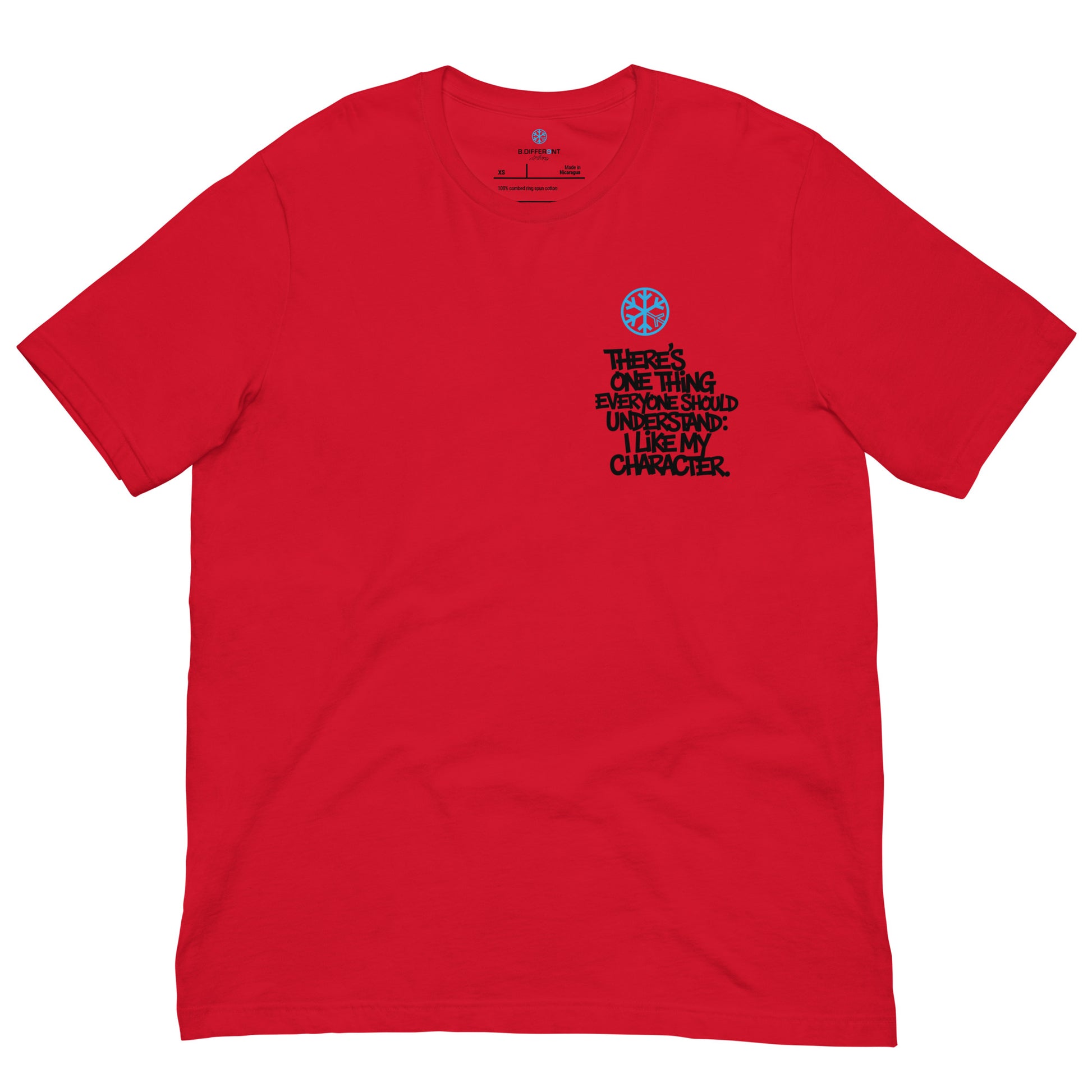 Red-Dennis Graffiti Tee from B.Different Clothing, front view, graffiti-inspired streetwear t-shirt