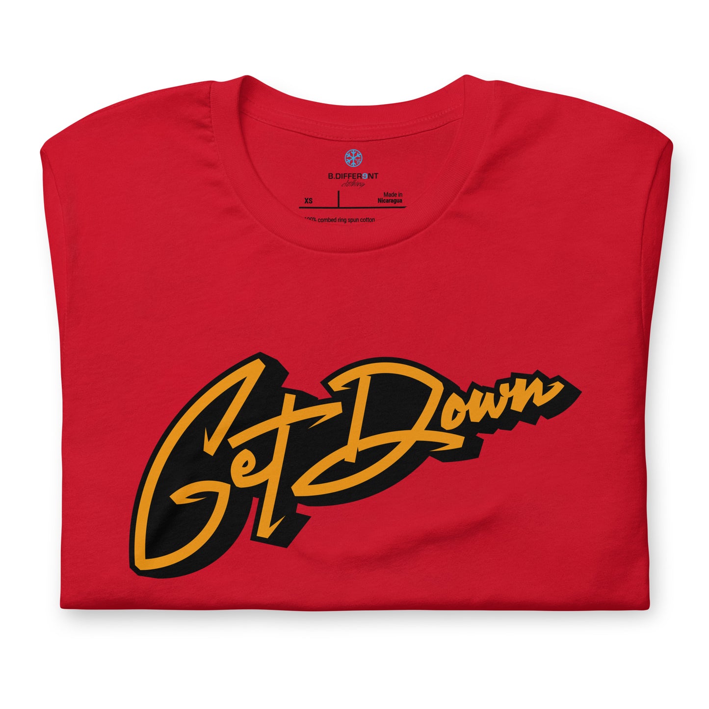 Red-Get Down Graffiti Tag Tee from B.Different Clothing, folded, graffiti-inspired streetwear t-shirt