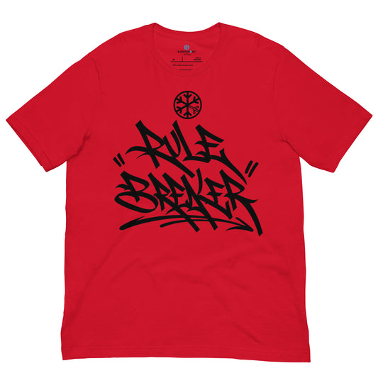 Red-Rule Breaker Graffiti Tag Tee from B.Different Clothing, front view, graffiti-inspired streetwear