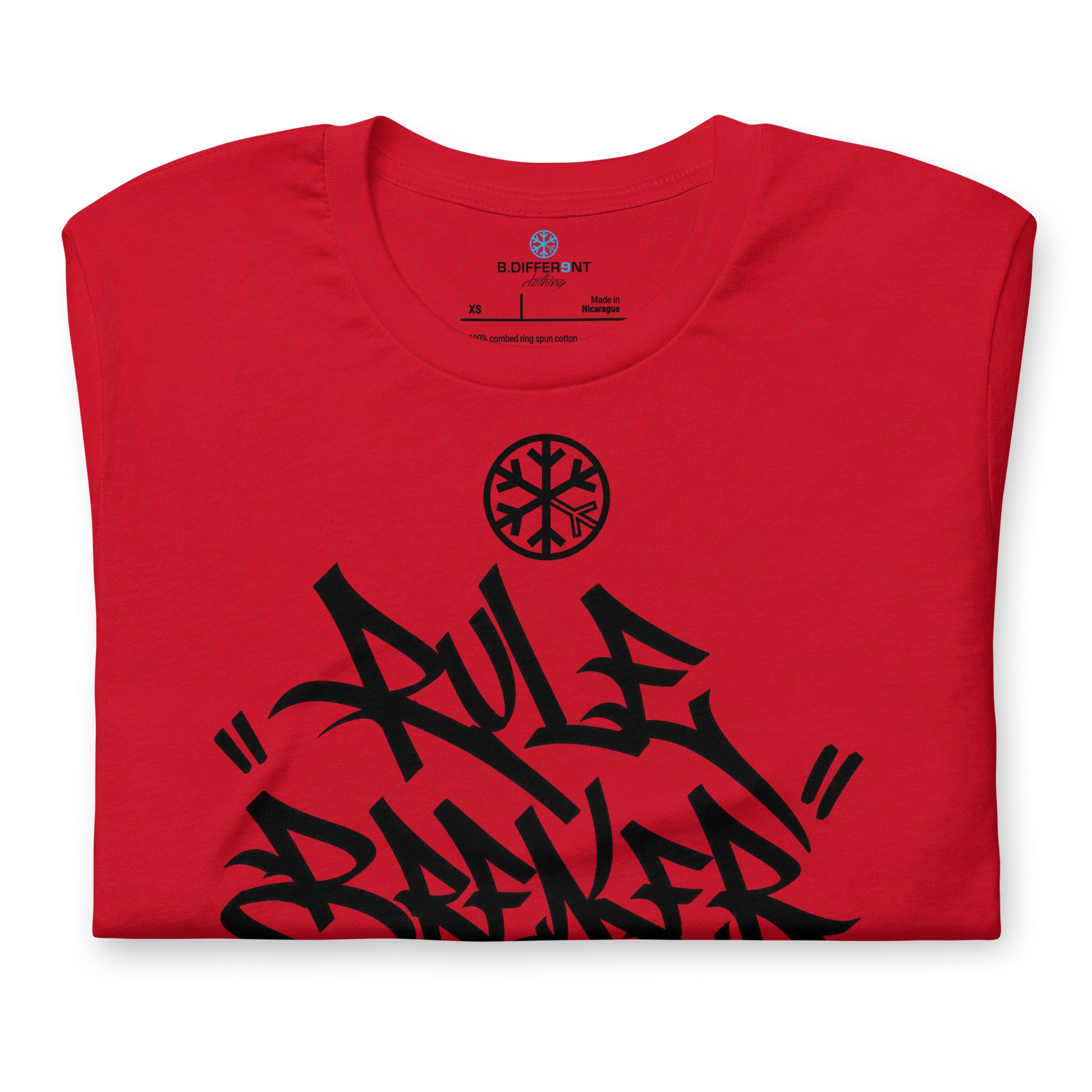 Red-Rule Breaker Graffiti Tag Tee from B.Different Clothing, folded, graffiti-inspired streetwear