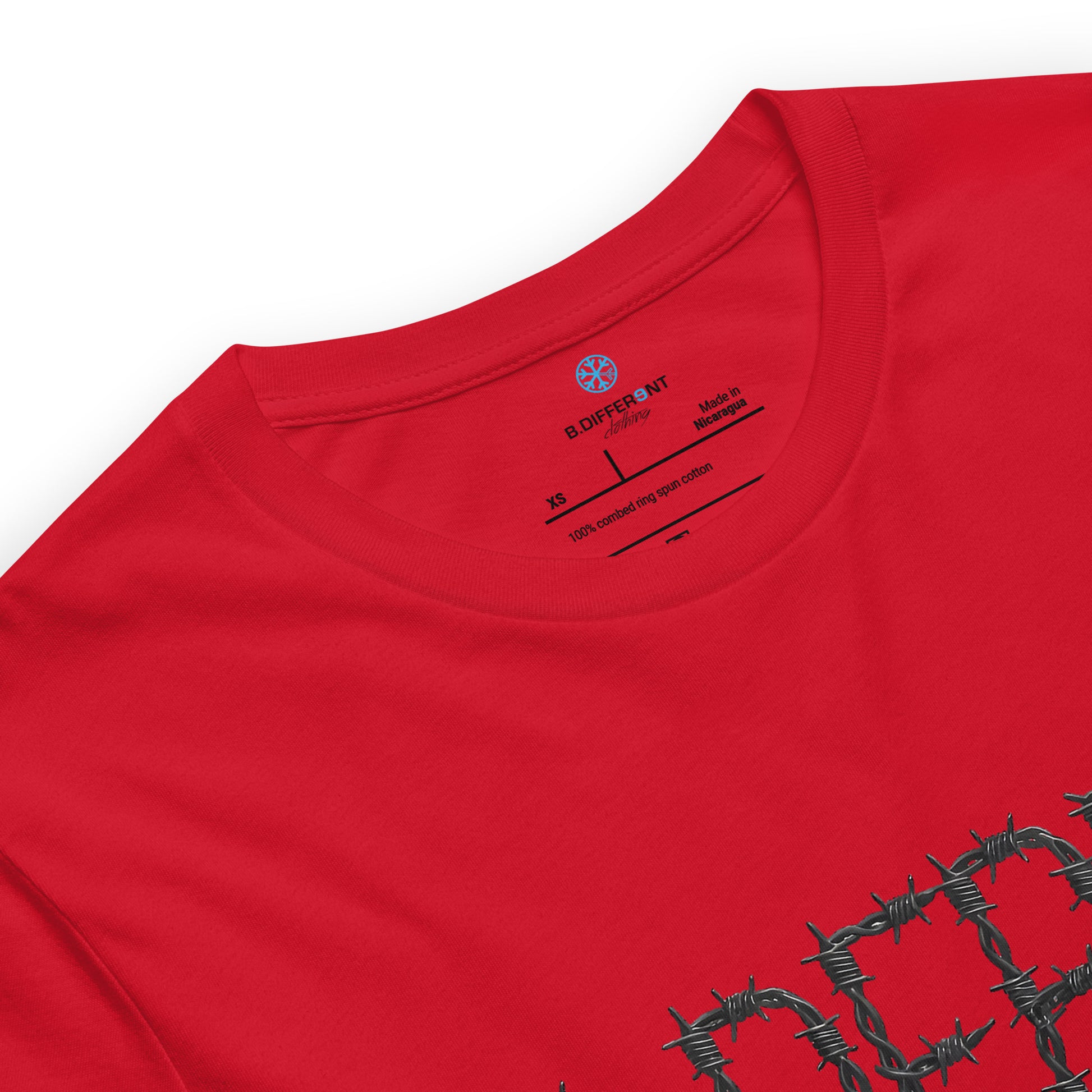 Red-B.DFRNT Barbed Wire Tee from B.Different Clothing, collar, graffiti-inspired streetwear t-shirt