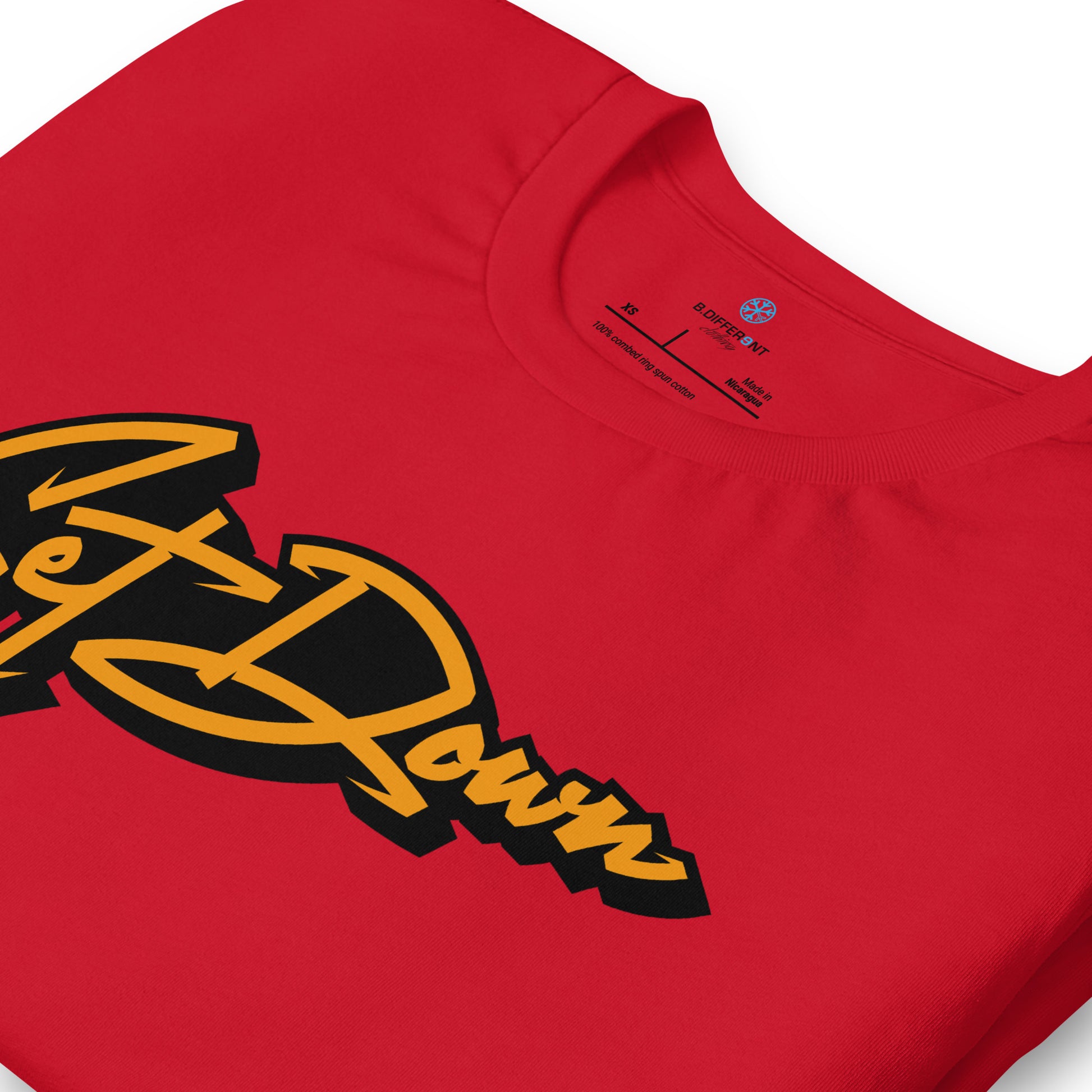 Red-Get Down Graffiti Tag Tee from B.Different Clothing, detail, graffiti-inspired streetwear t-shirt