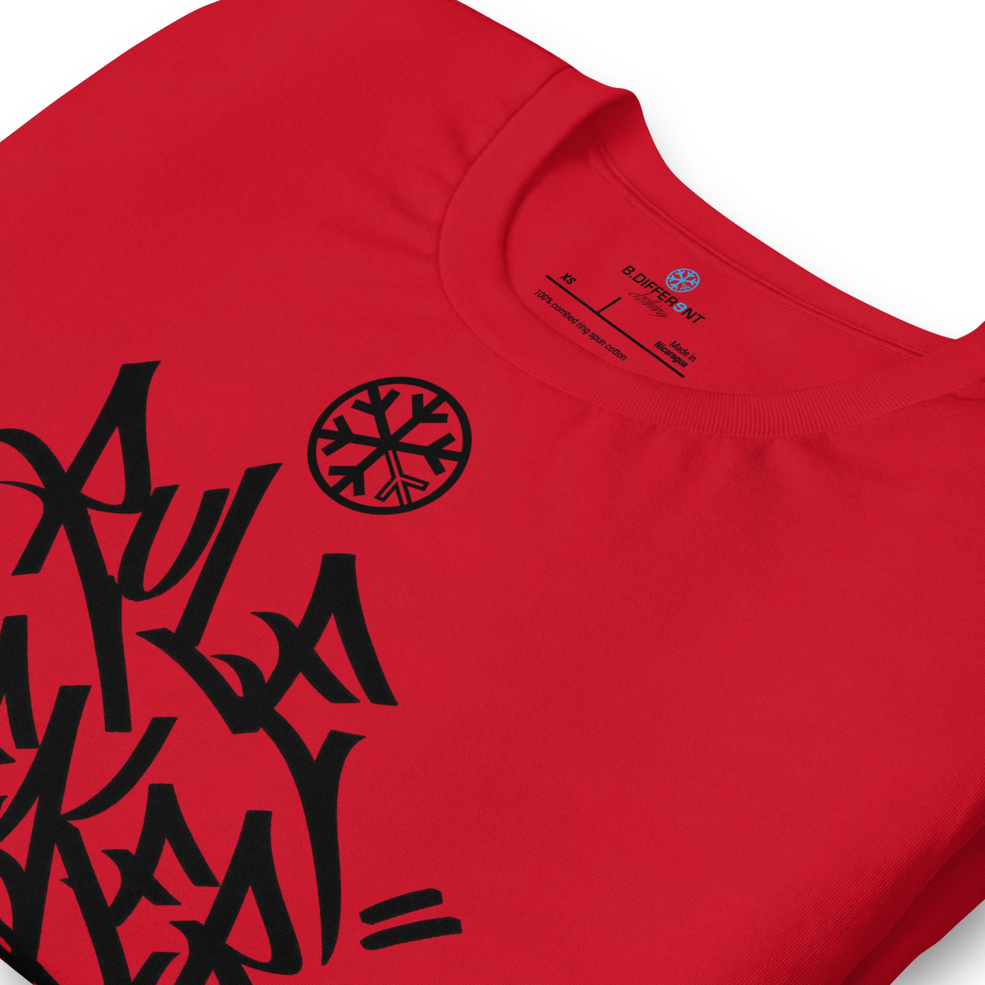 Red-Rule Breaker Graffiti Tag Tee from B.Different Clothing, detail, graffiti-inspired streetwear