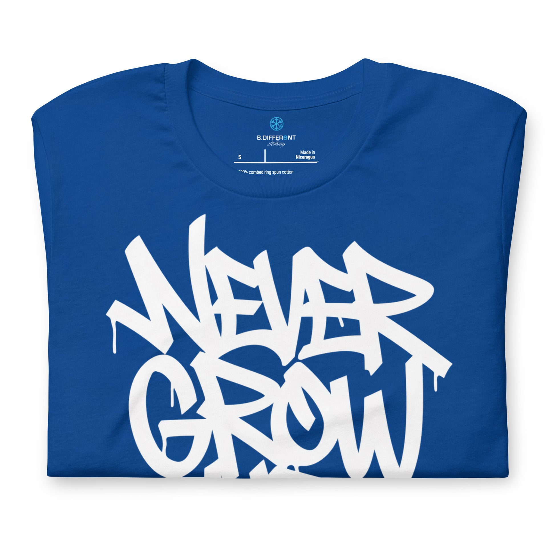 Blue-Never Grow Up Graffiti Tee from B.Different Clothing, folded, graffiti-inspired streetwear t-shirt