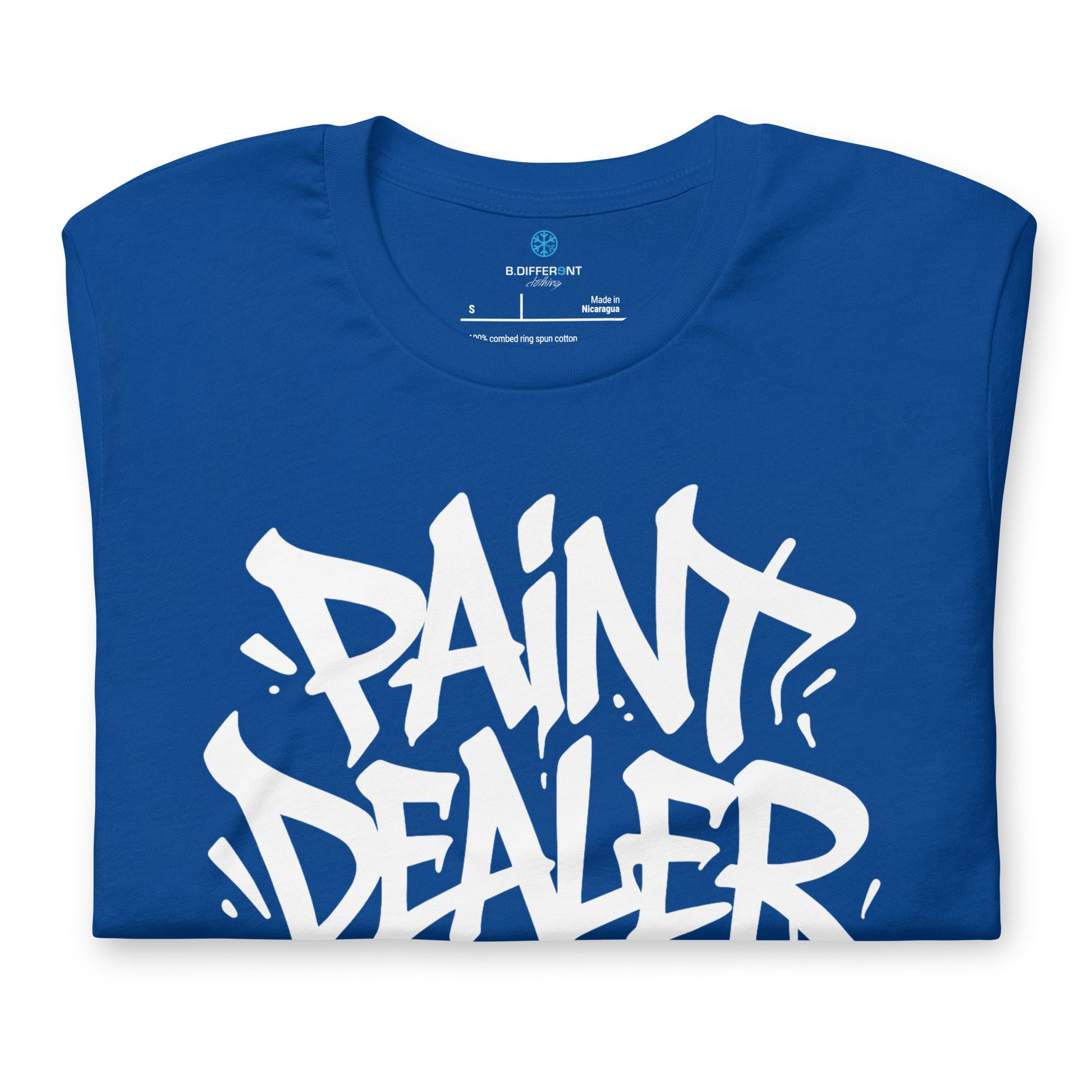 Blue-Paint Dealer Graffiti Tag Tee from B.Different Clothing, folded, graffiti-inspired streetwear t-shirt