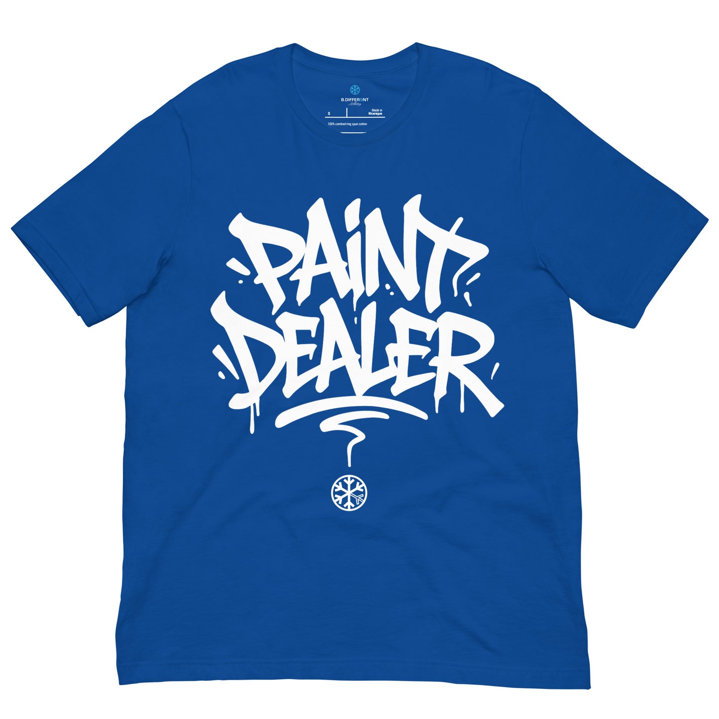 Blue-Paint Dealer Graffiti Tag Tee from B.Different Clothing, front view, graffiti-inspired streetwear t-shirt