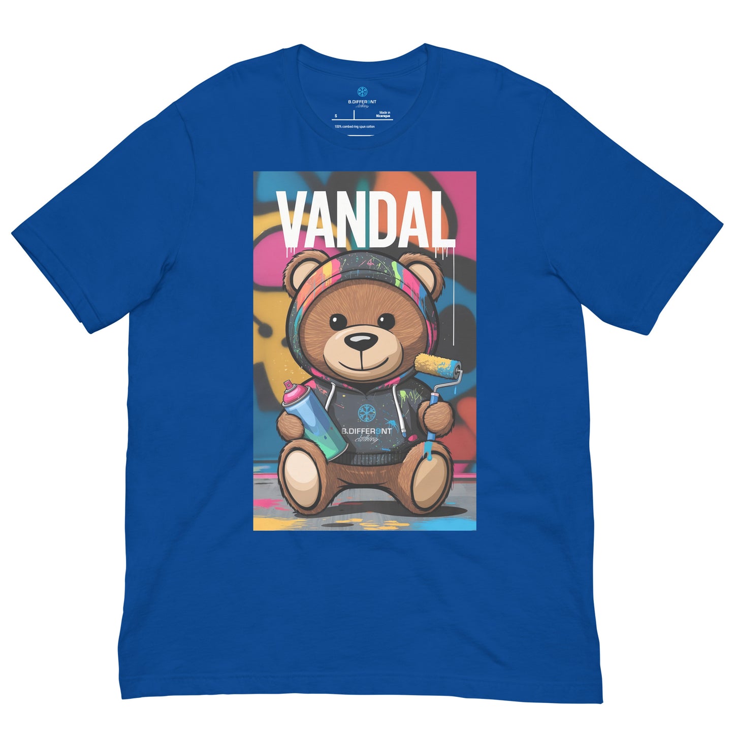 Blue-Vandal Teddy Bear Graffiti Tee from B.Different Clothing, front view, graffiti-inspired streetwear