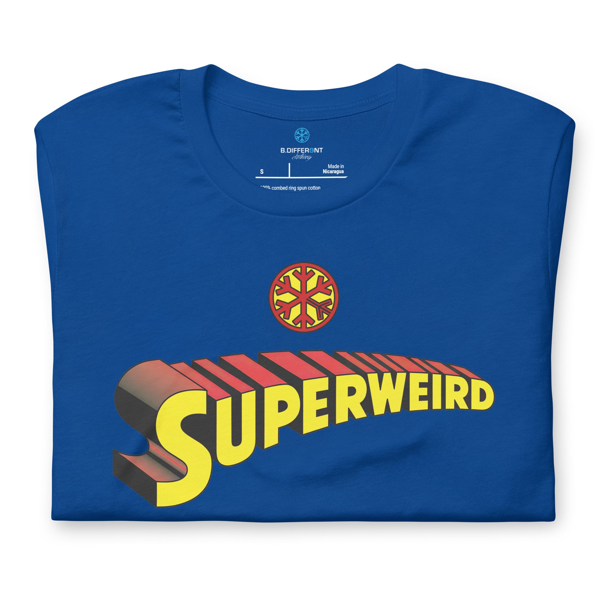 Blue-Superweird Tee from B.Different Clothing, folded, graffiti-inspired streetwear t-shirt