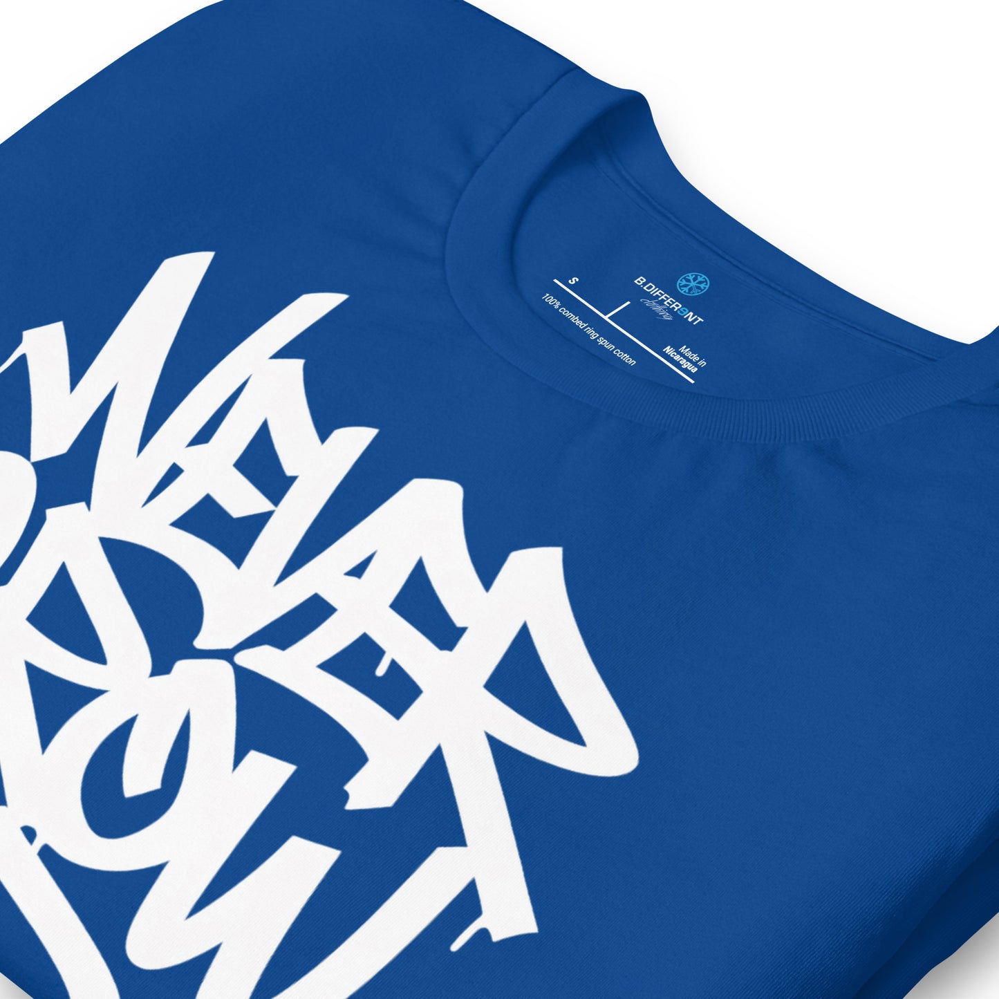 Blue-Never Grow Up Graffiti Tee from B.Different Clothing, detail, graffiti-inspired streetwear t-shirt