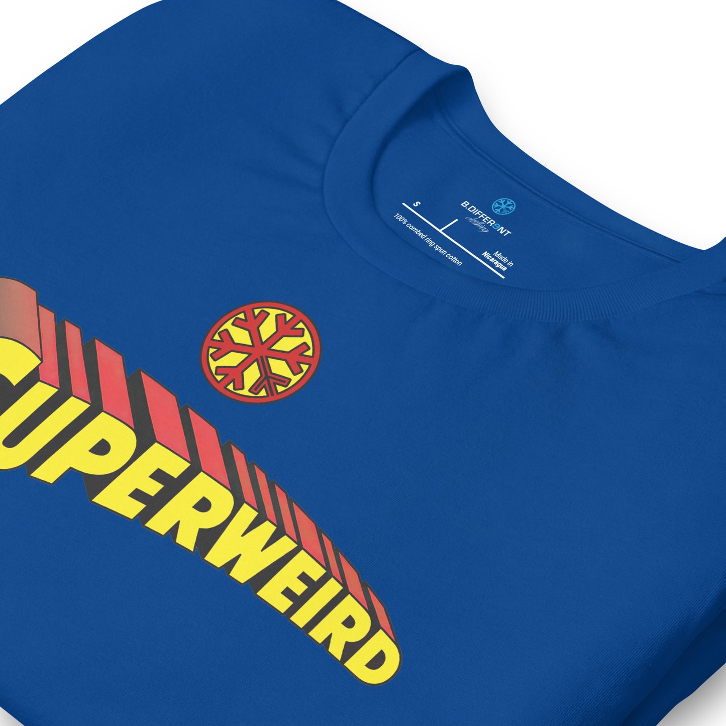 Blue-Superweird Tee from B.Different Clothing, detail, graffiti-inspired streetwear t-shirt