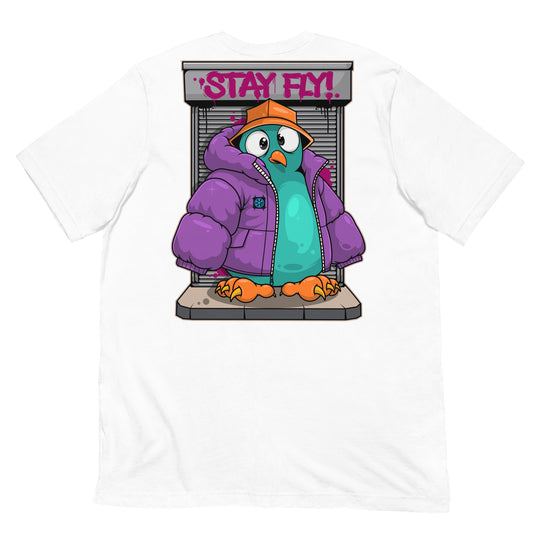 White-Stay Fly Graffiti Character Tee from B.Different Clothing, back view, graffiti-inspired streetwear t-shirt