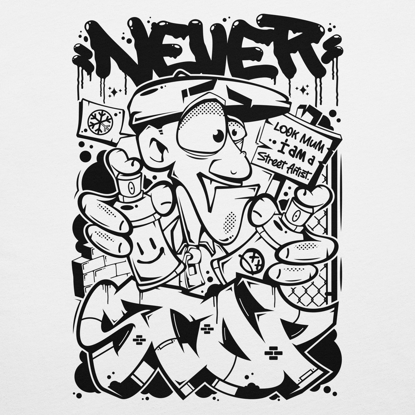 White-Never Stop Graffiti Character Tee from B.Different Clothing, graphic, graffiti-inspired streetwear t-shirt