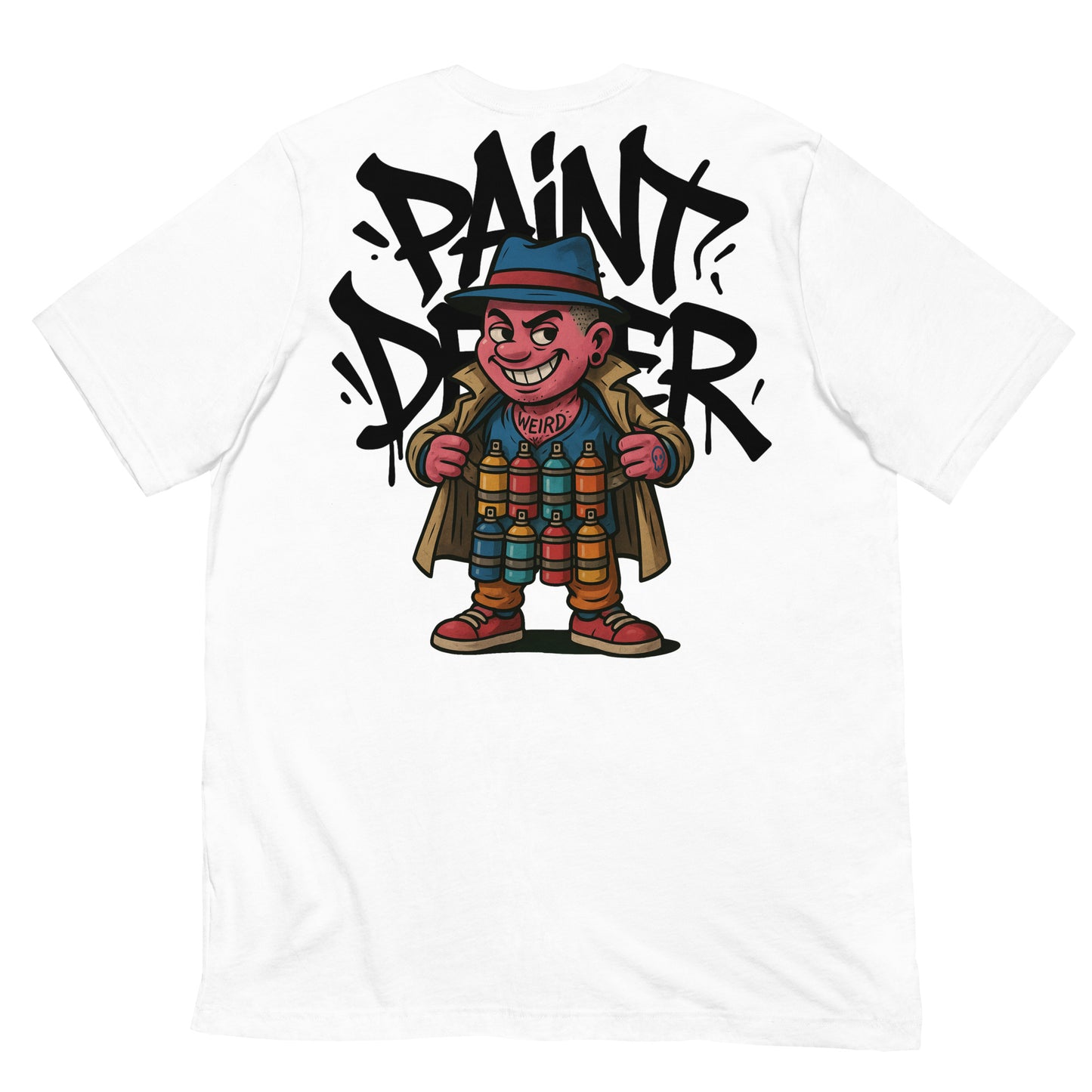 White-Paint Dealer Graffiti Character Tee from B.Different Clothing, back view, graffiti-inspired streetwear t-shirt