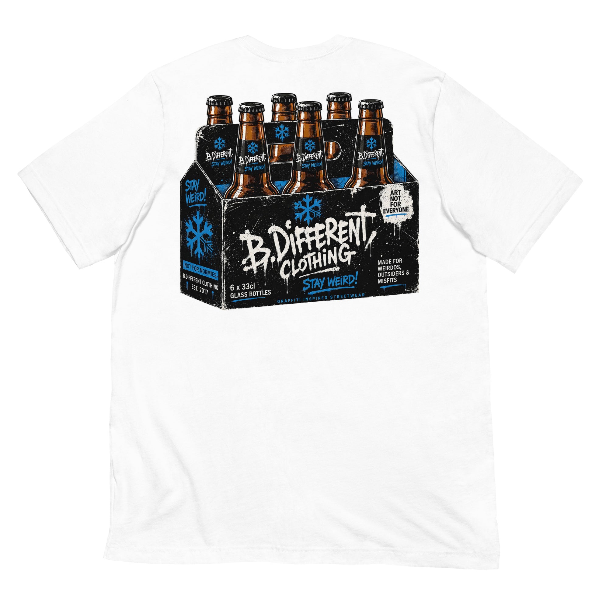 White-Six Pack Beer Graffiti Tee from B.Different Clothing, back view, graffiti-inspired streetwear