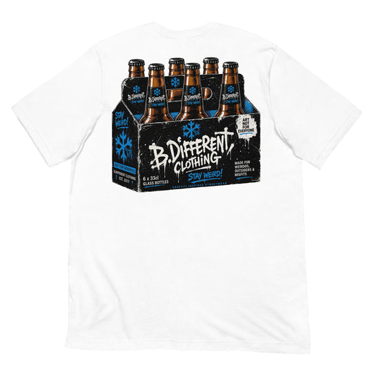 White-Six Pack Beer Graffiti Tee from B.Different Clothing, back view, graffiti-inspired streetwear