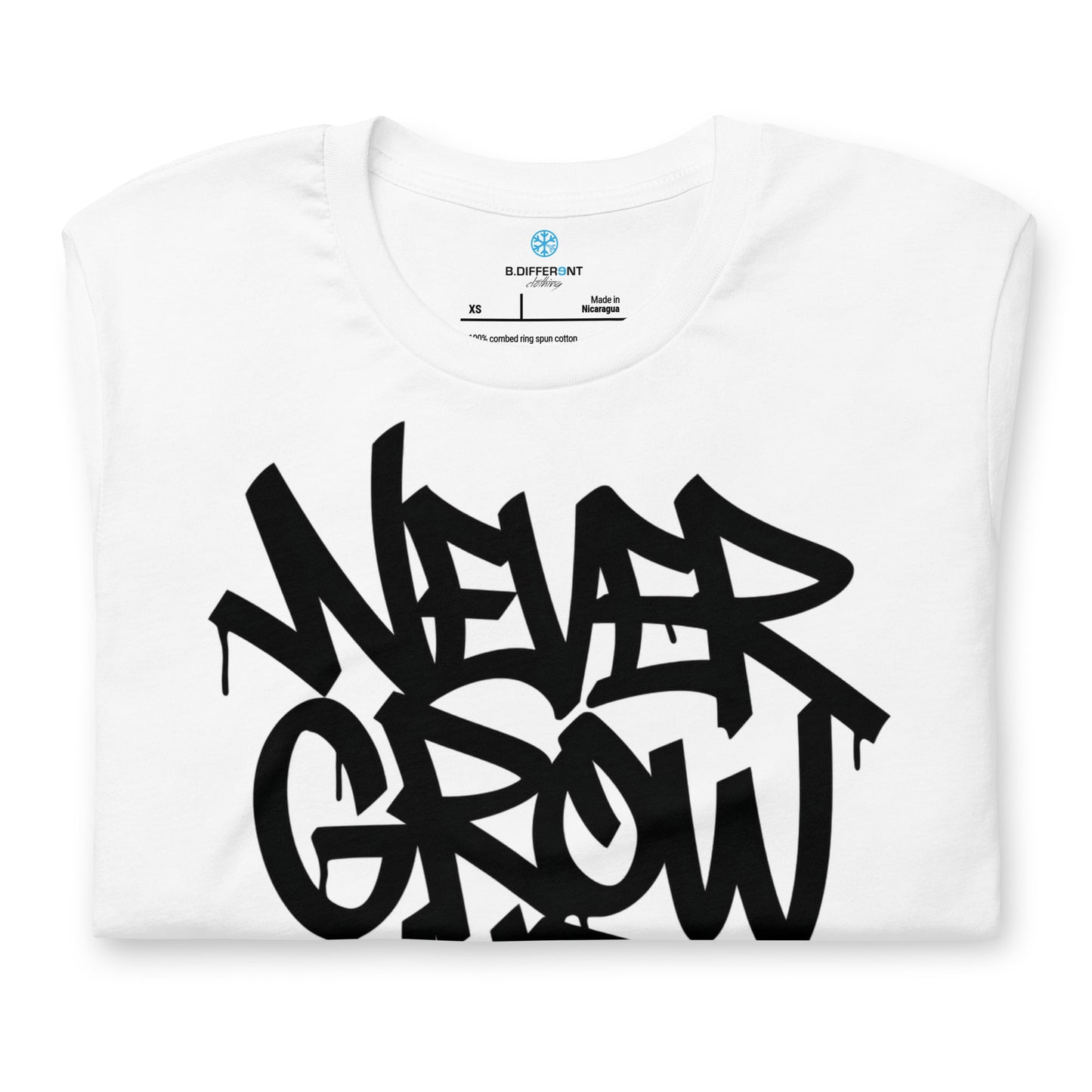 White-Never Grow Up Graffiti Tee from B.Different Clothing, folded, graffiti-inspired streetwear t-shirt