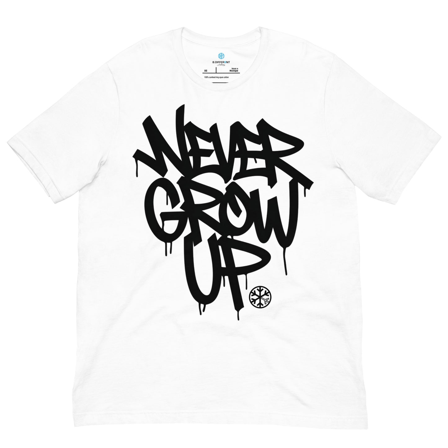 White-Never Grow Up Graffiti Tee from B.Different Clothing, front view, graffiti-inspired streetwear t-shirt
