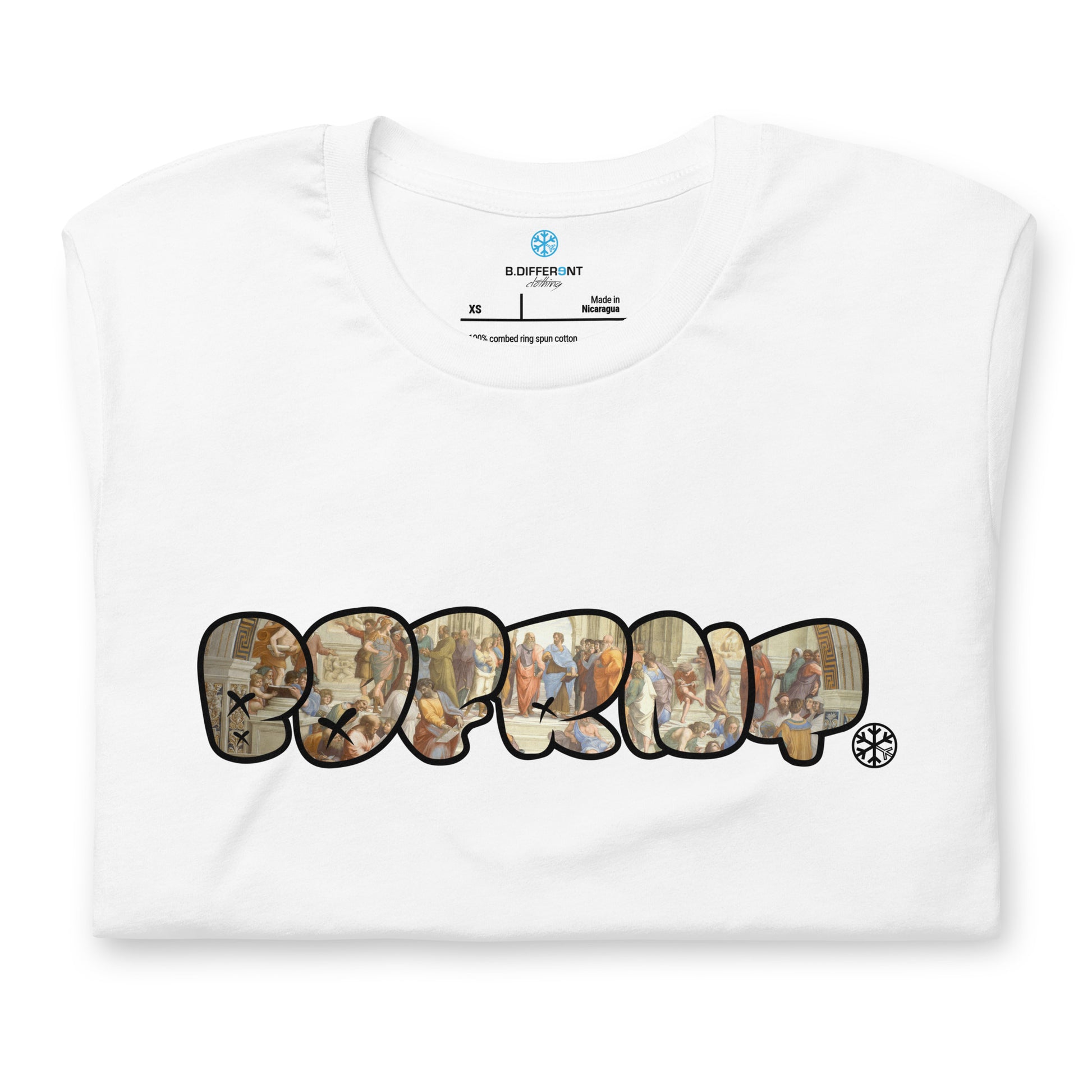 White-BDFRNT Throwie x School of Athens Graffiti Tee from B.Different Clothing, folded, graffiti-inspired streetwear t-shirt