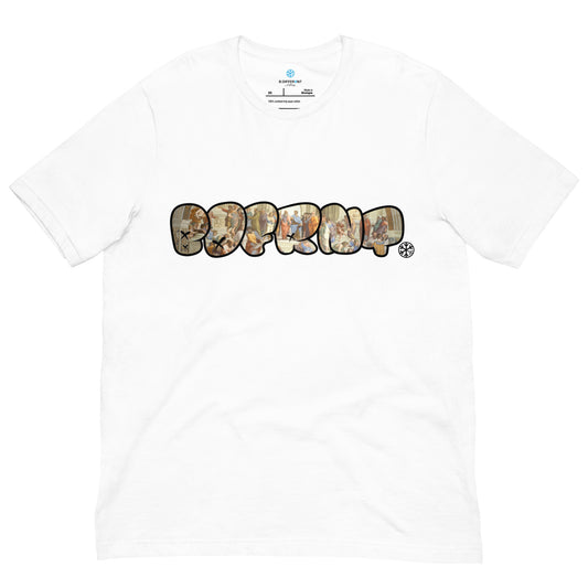 White-BDFRNT Throwie x School of Athens Graffiti Tee from B.Different Clothing, front view, graffiti-inspired streetwear t-shirt