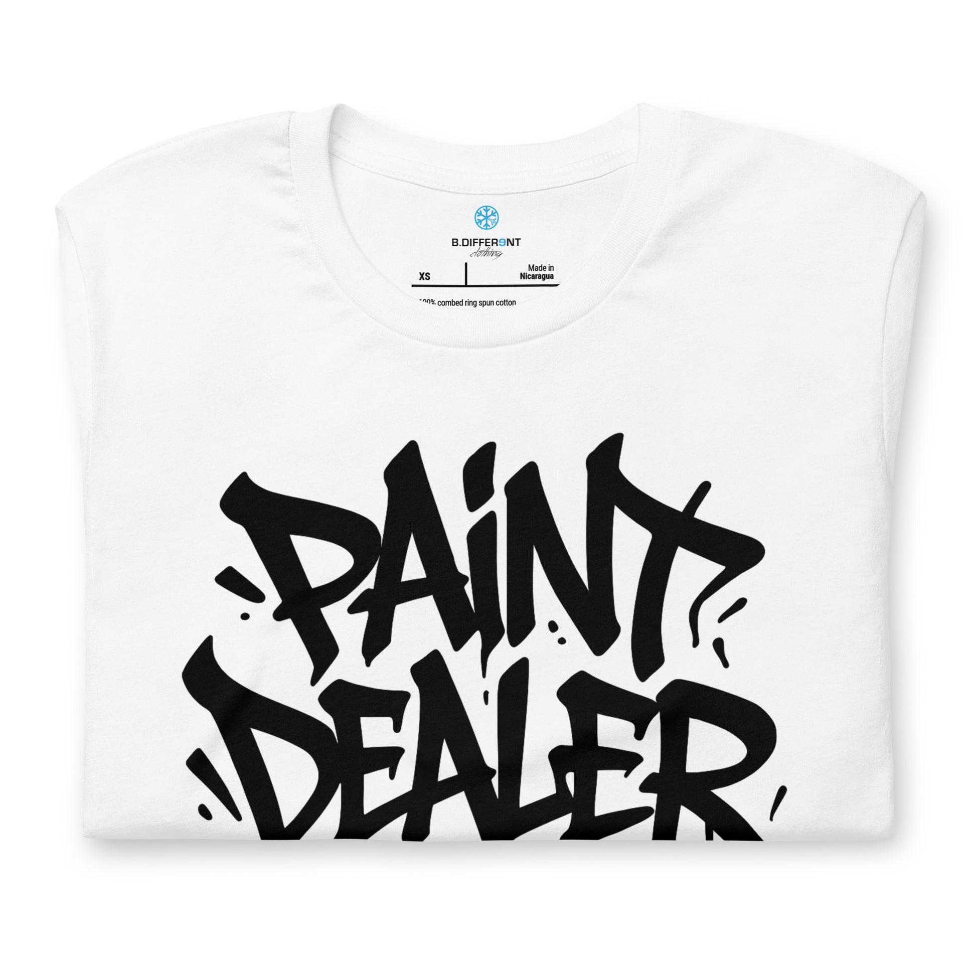 White-Paint Dealer Graffiti Tag Tee from B.Different Clothing, folded, graffiti-inspired streetwear t-shirt