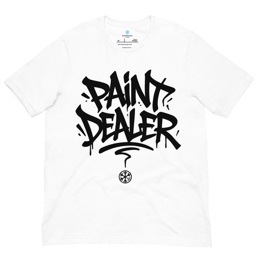 White-Paint Dealer Graffiti Tag Tee from B.Different Clothing, front view, graffiti-inspired streetwear t-shirt