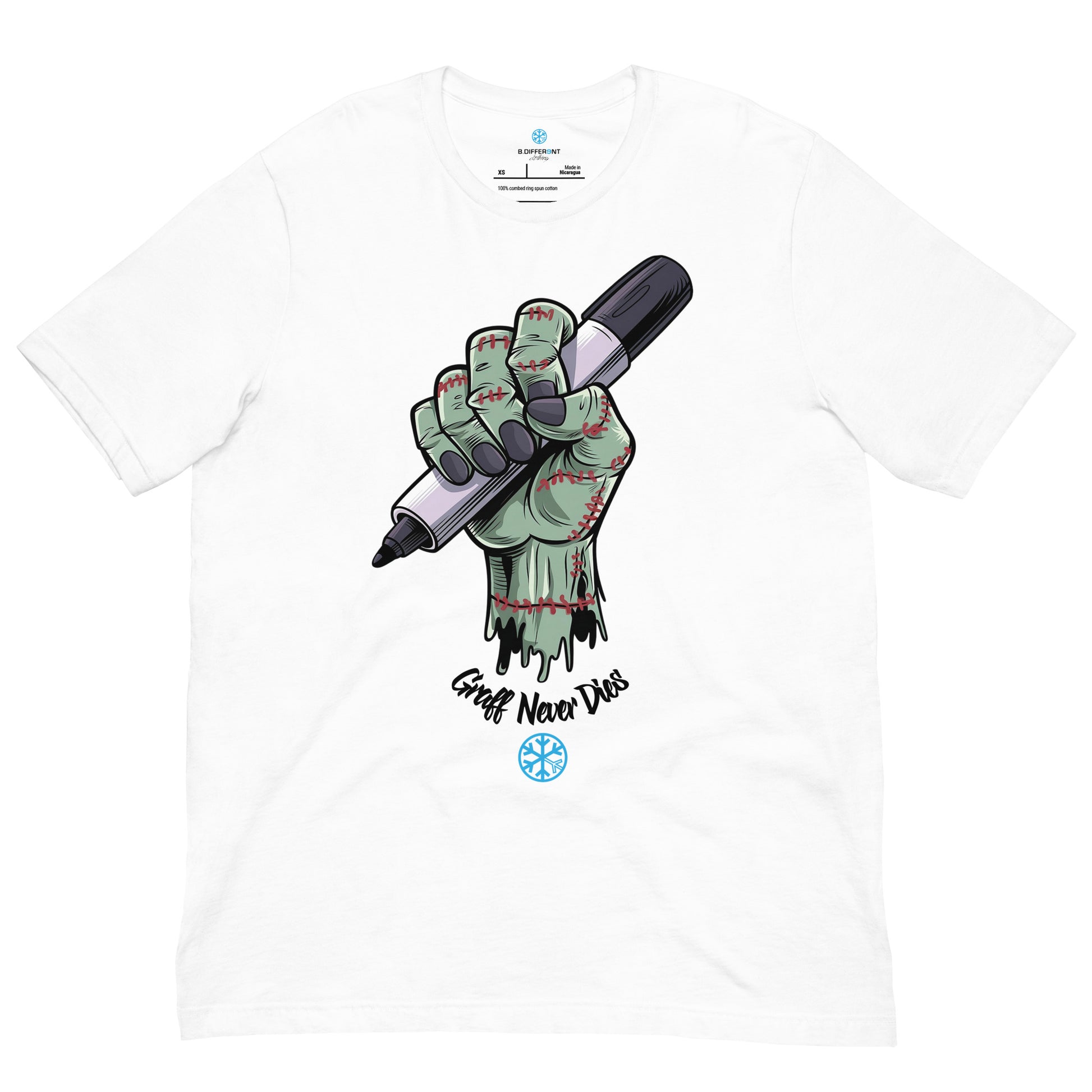 White-Thing Graffiti Tee from B.Different Clothing, front view, graffiti-inspired streetwear t-shirt