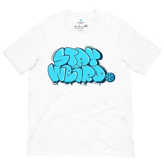 White-Stay Weird Graffiti Throw-up Tee from B.Different Clothing, front view, graffiti-inspired streetwear t-shirt