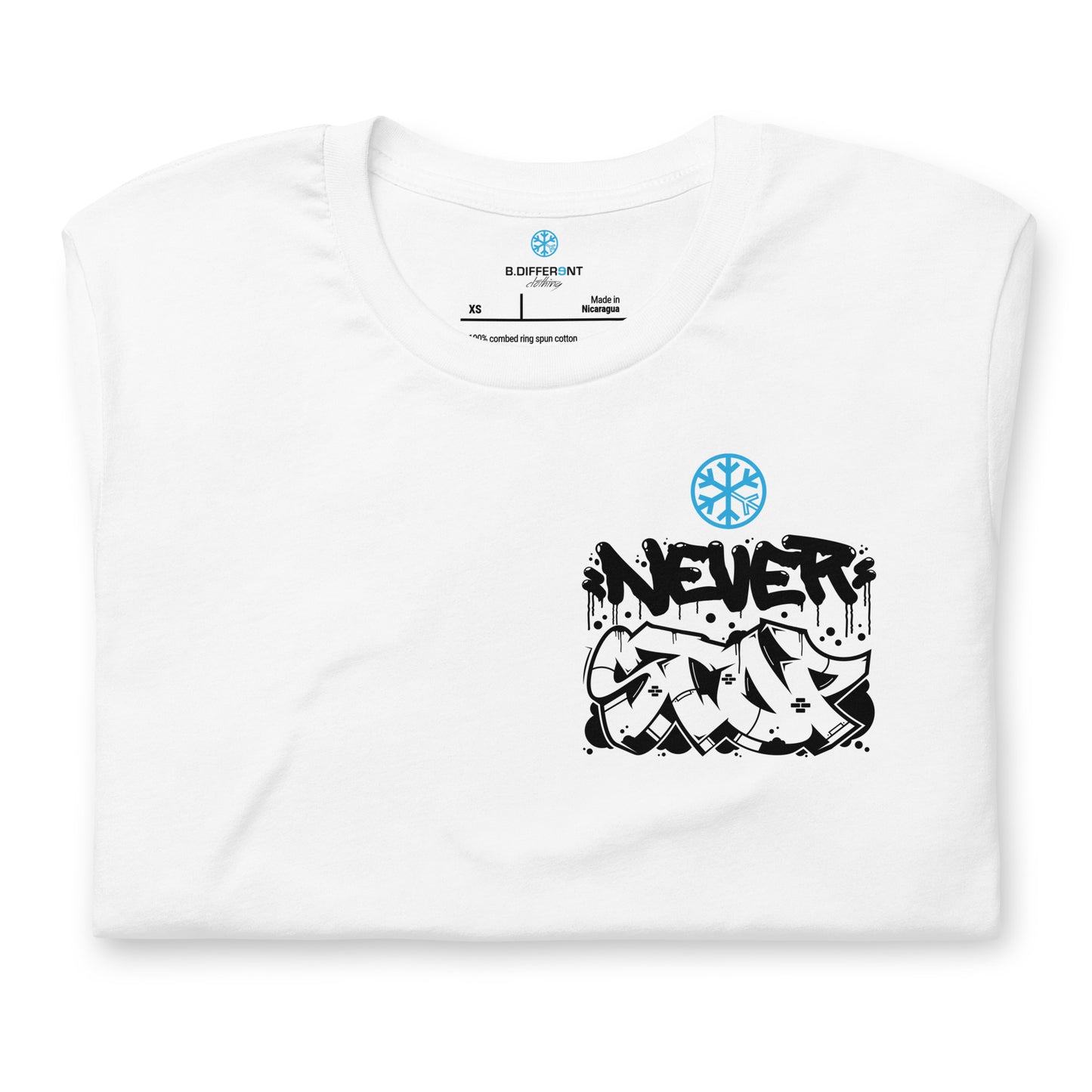 White-Never Stop Graffiti Character Tee from B.Different Clothing, folded, graffiti-inspired streetwear t-shirt